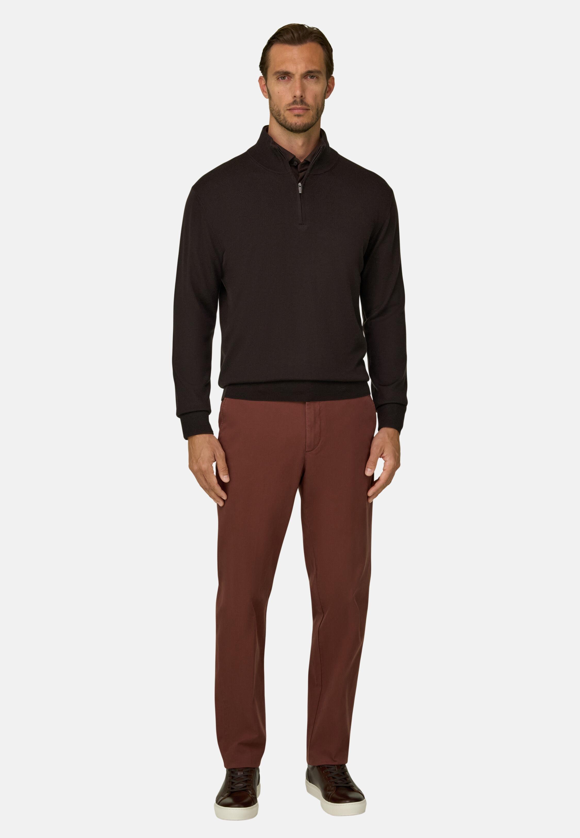 Quarter-Zip Jumper in Extrafine Merino Wool Dark brown, Dark brown, medium