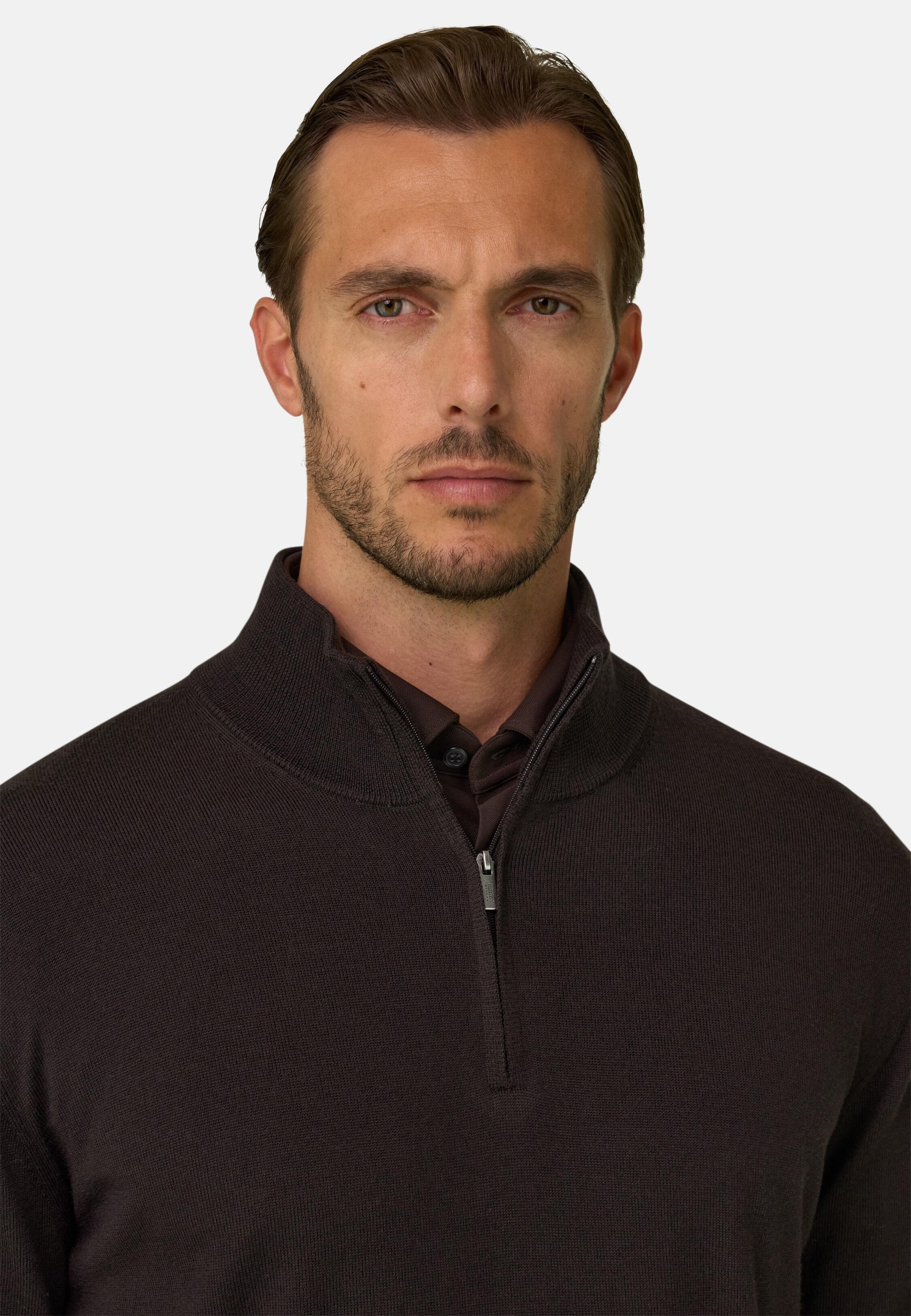 Quarter-Zip Jumper in Extrafine Merino Wool Dark brown, Dark brown, medium