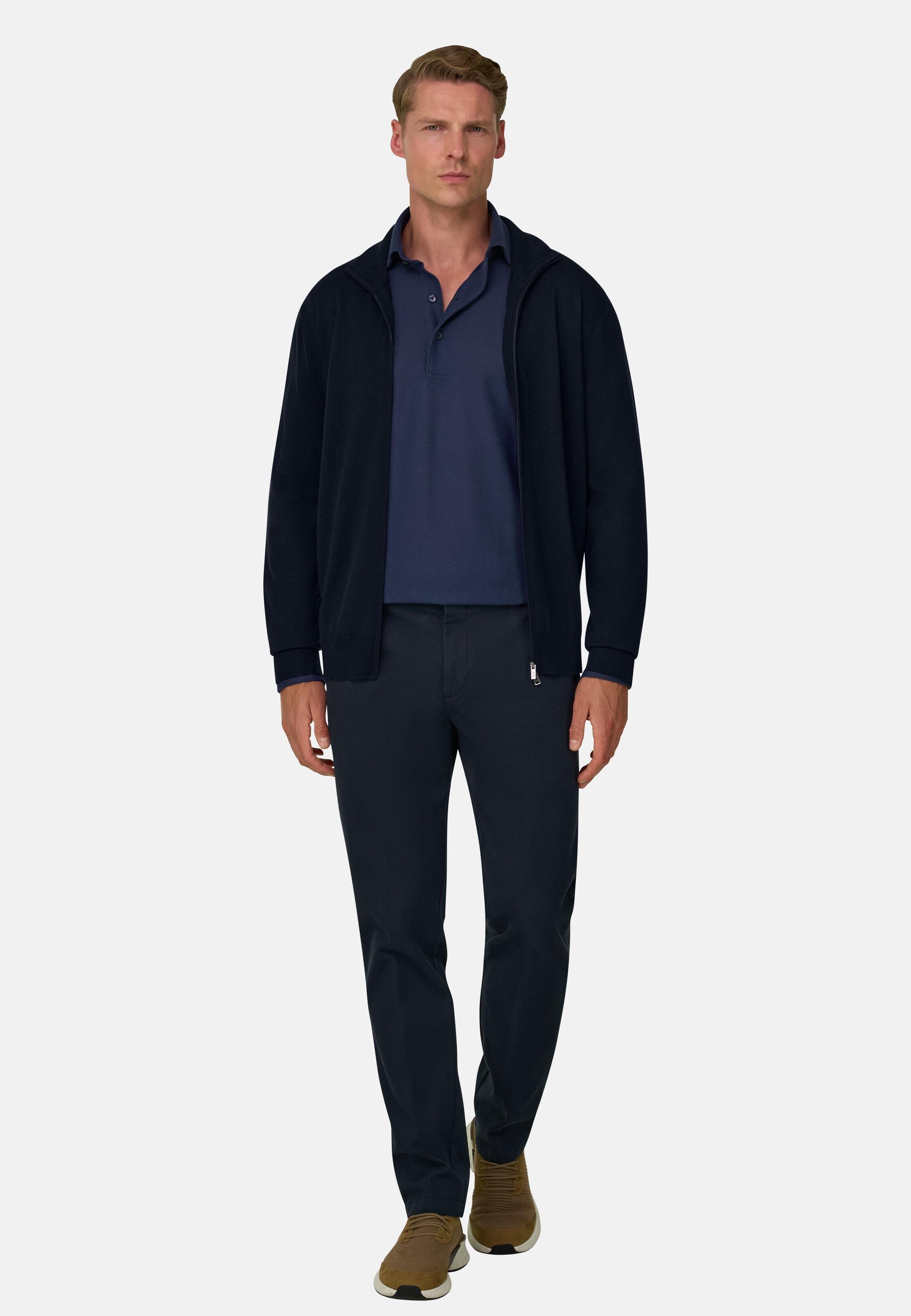 Full-Zip Jumper in Extrafine Merino Wool Navy blue, Navy blue, medium