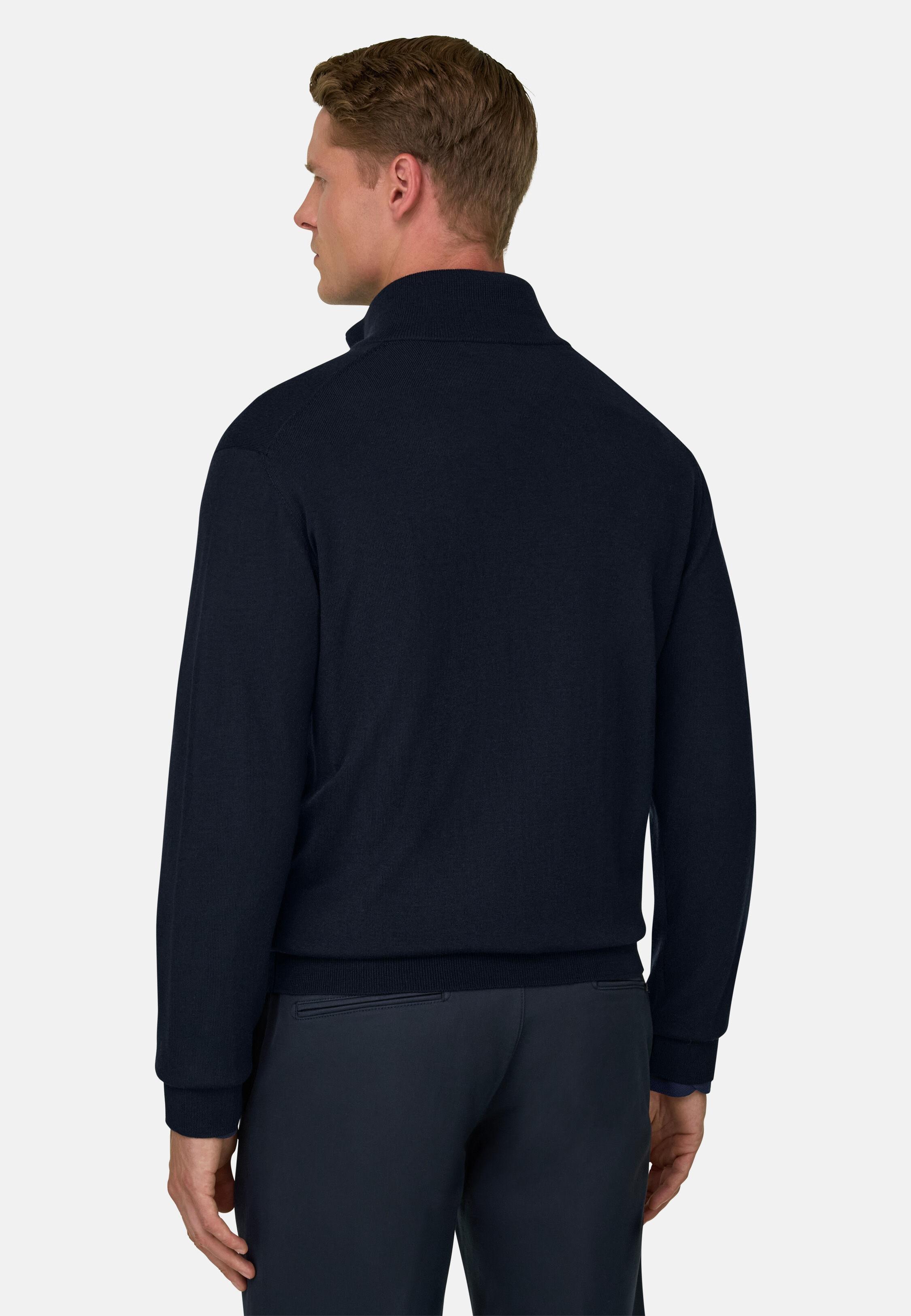 Full-Zip Jumper in Extrafine Merino Wool Navy blue, Navy blue, medium