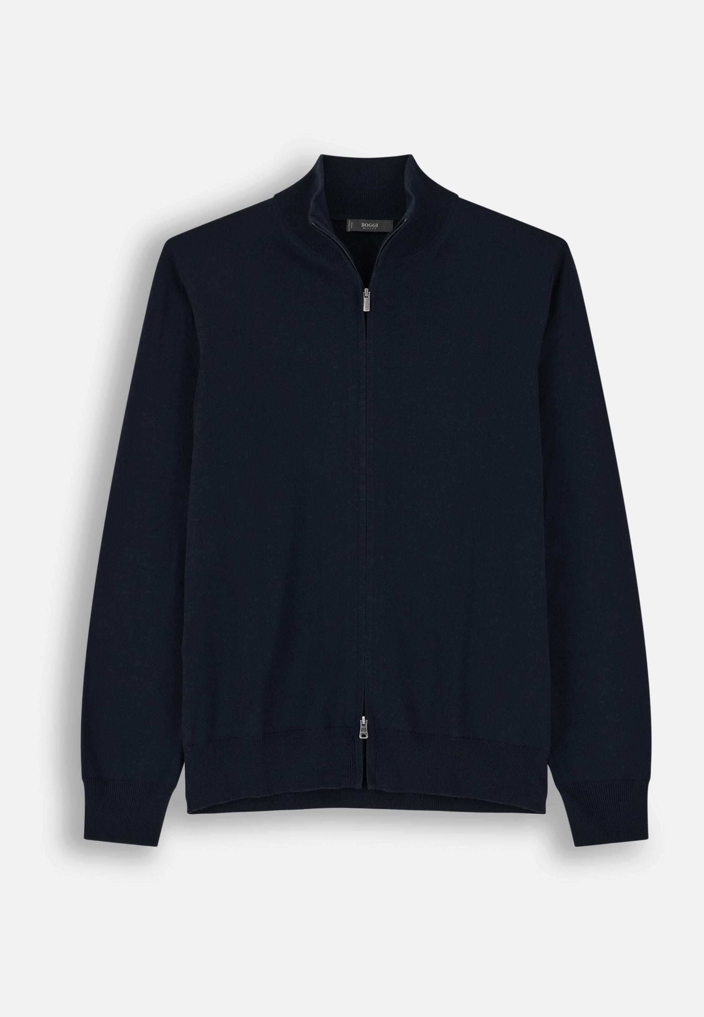 Full-Zip Jumper in Extrafine Merino Wool Navy blue, Navy blue, large image number 2