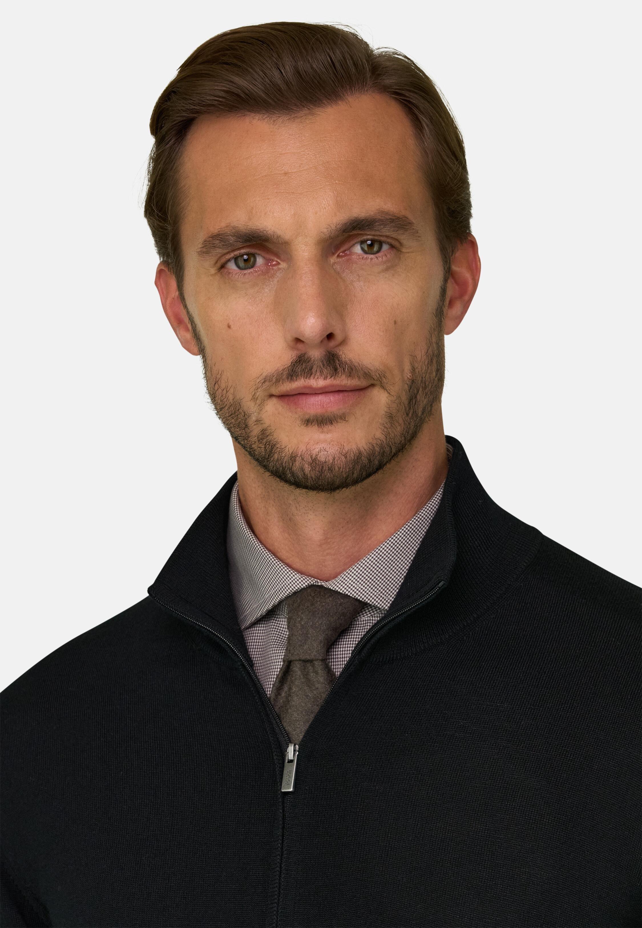 Full-Zip Jumper in Extrafine Merino Wool Black, Black, medium