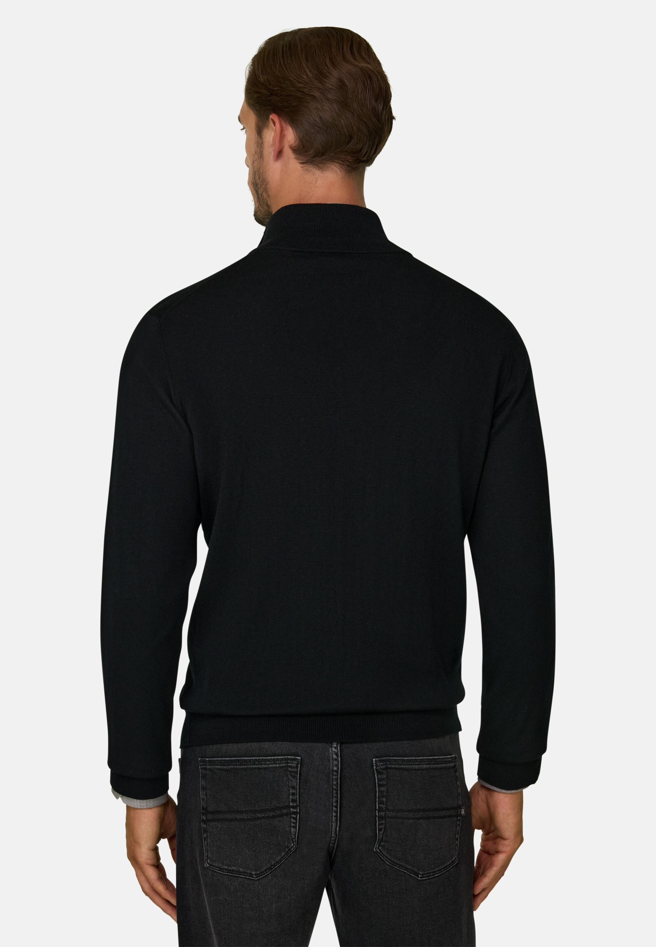 Full-Zip Jumper in Extrafine Merino Wool Black, Black, medium