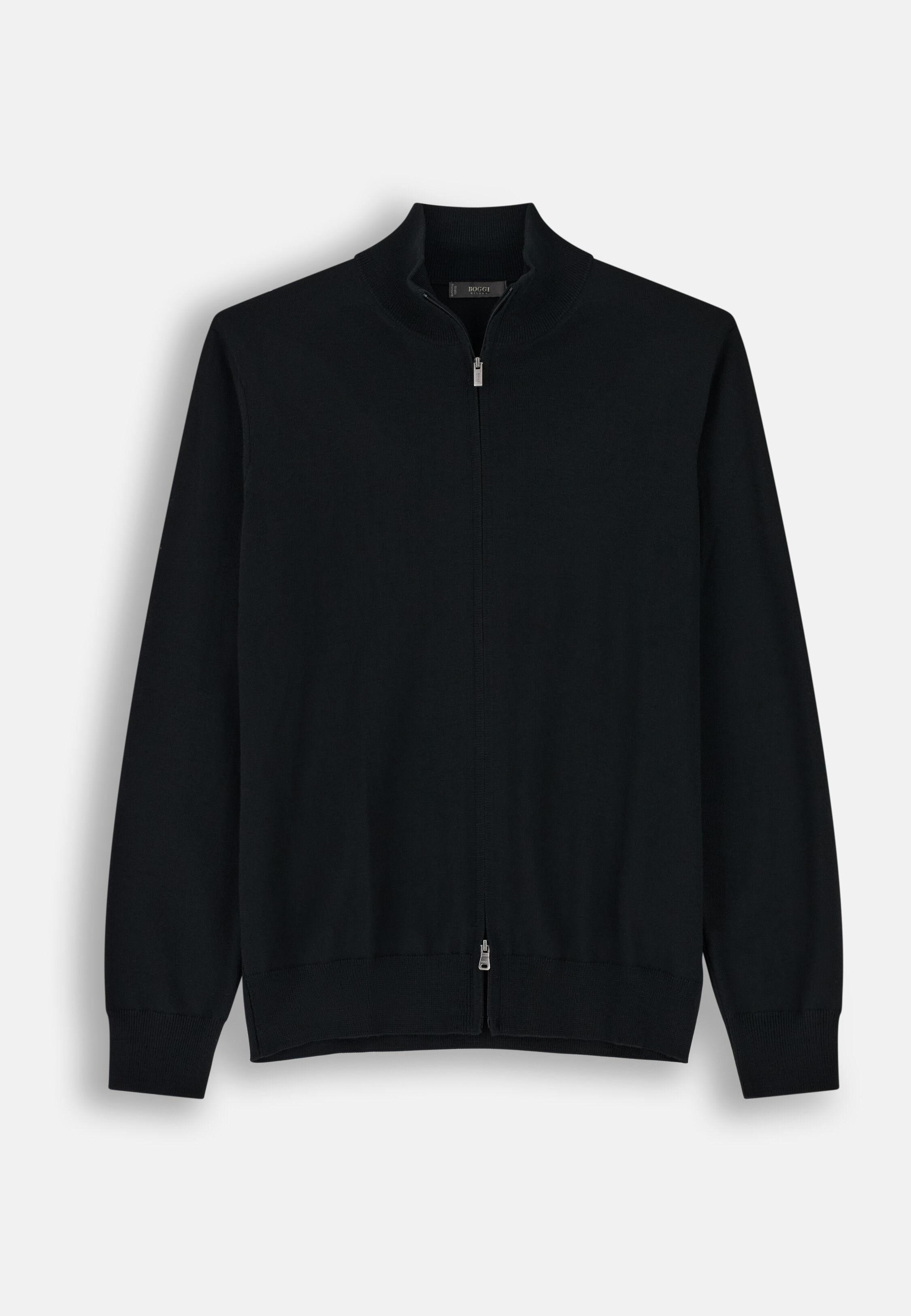 Full-Zip Jumper in Extrafine Merino Wool Black, Black, medium