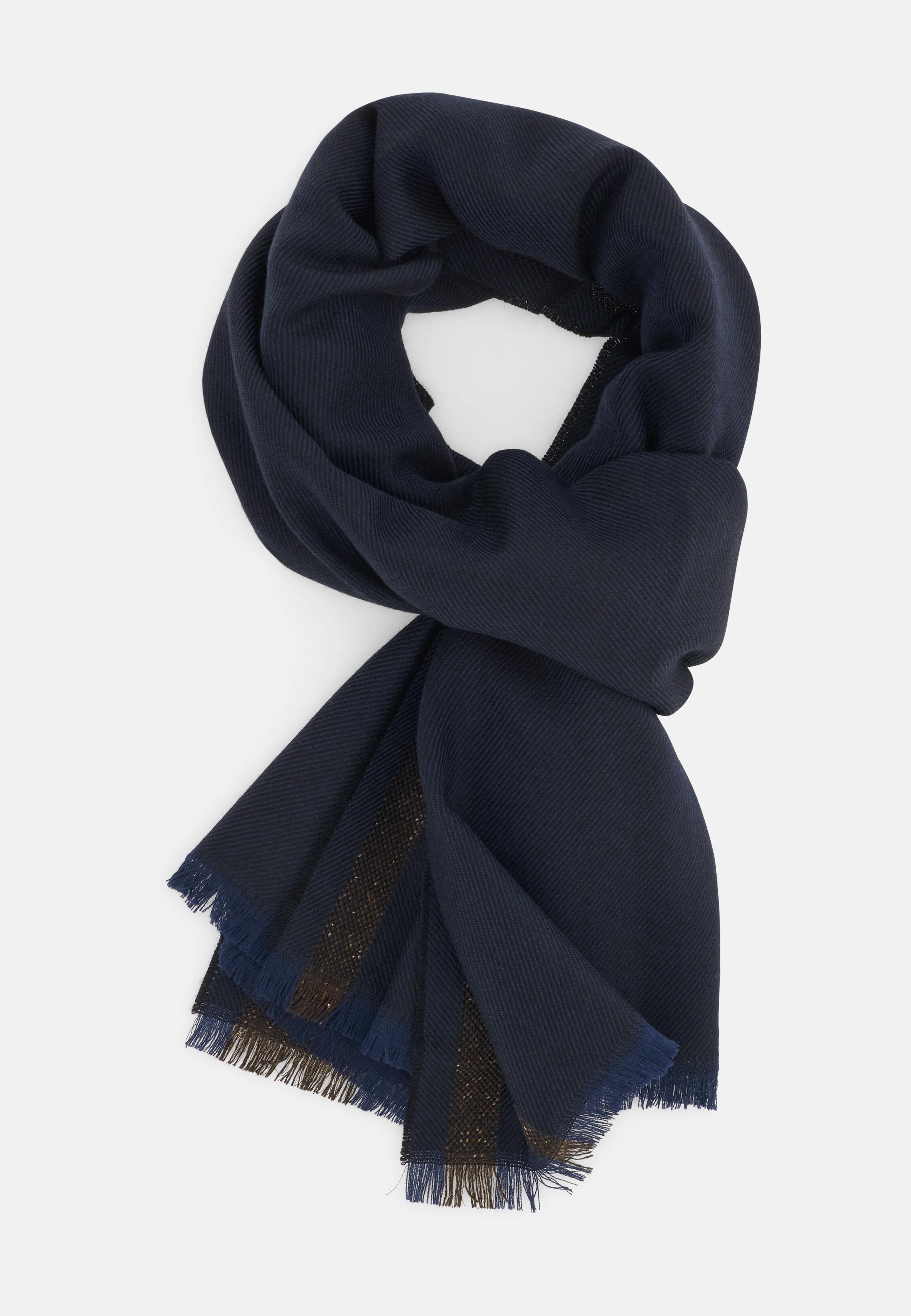 Scarf with Contrasting Stripes in Wool Blend, Navy Blue, Navy blue, medium