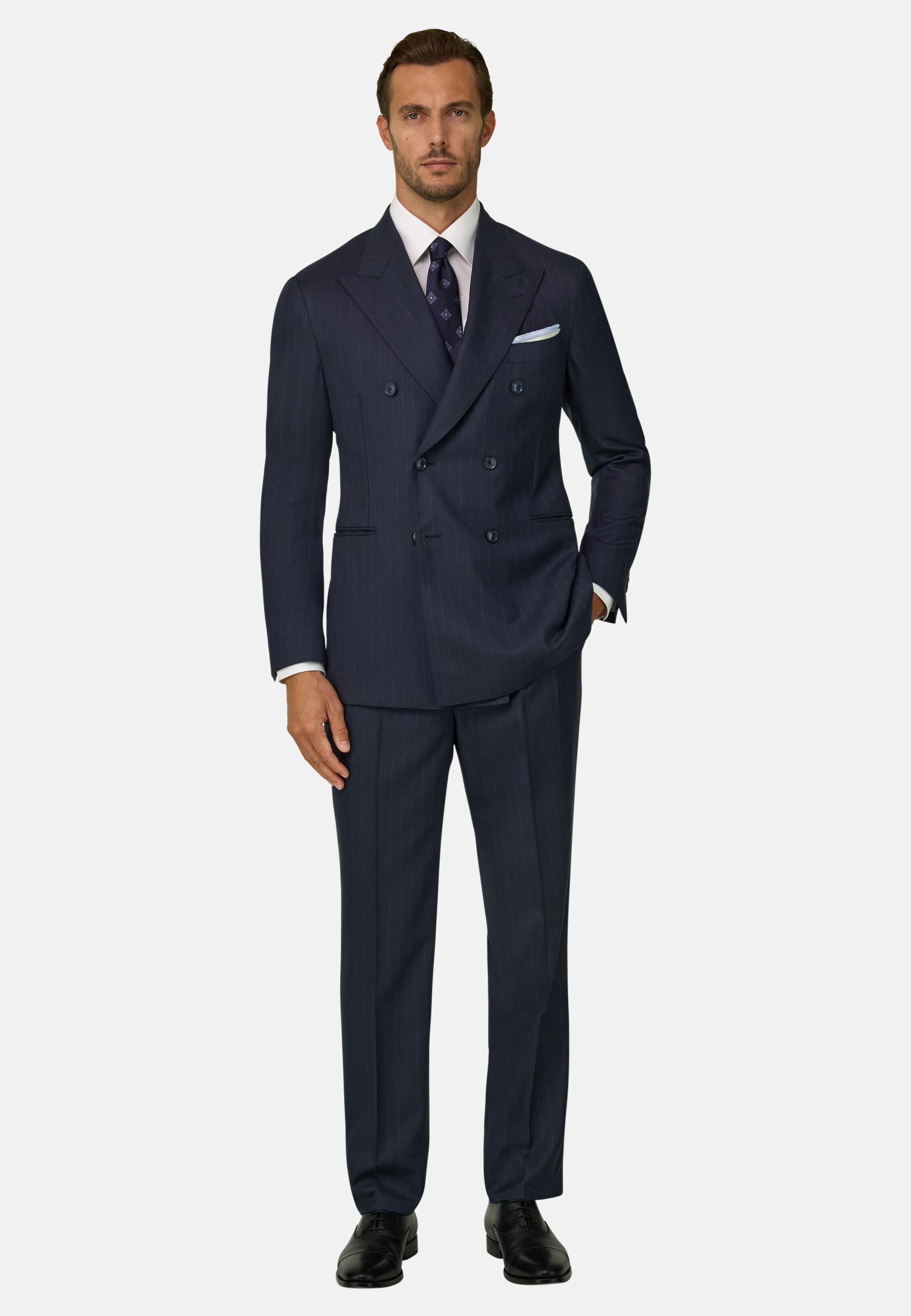 Suit Double-Breasted Herringbone Wool S130, Navy Blue, Navy blue, medium