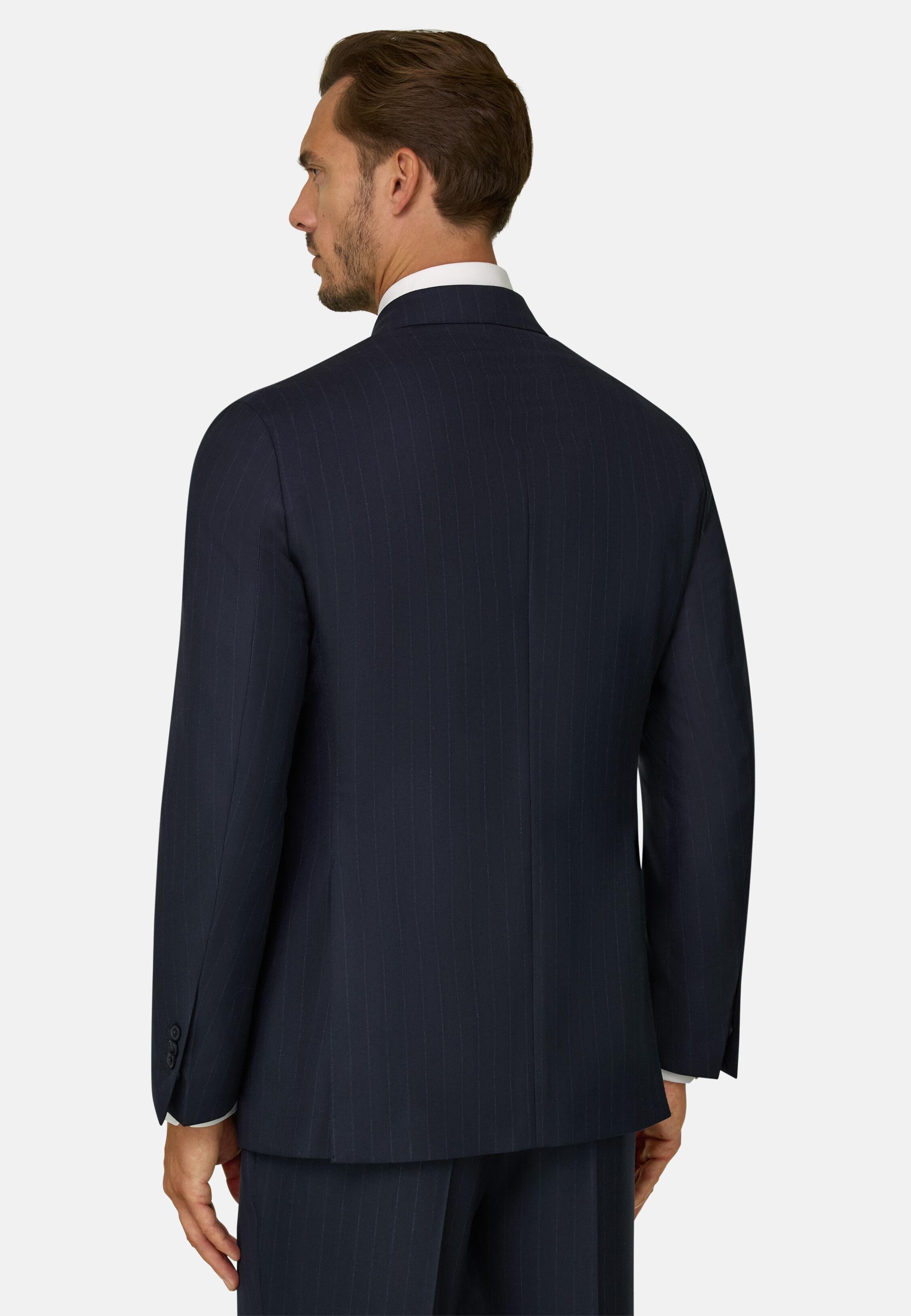 Suit Double-Breasted Herringbone Wool S130, Navy Blue, Navy blue, medium