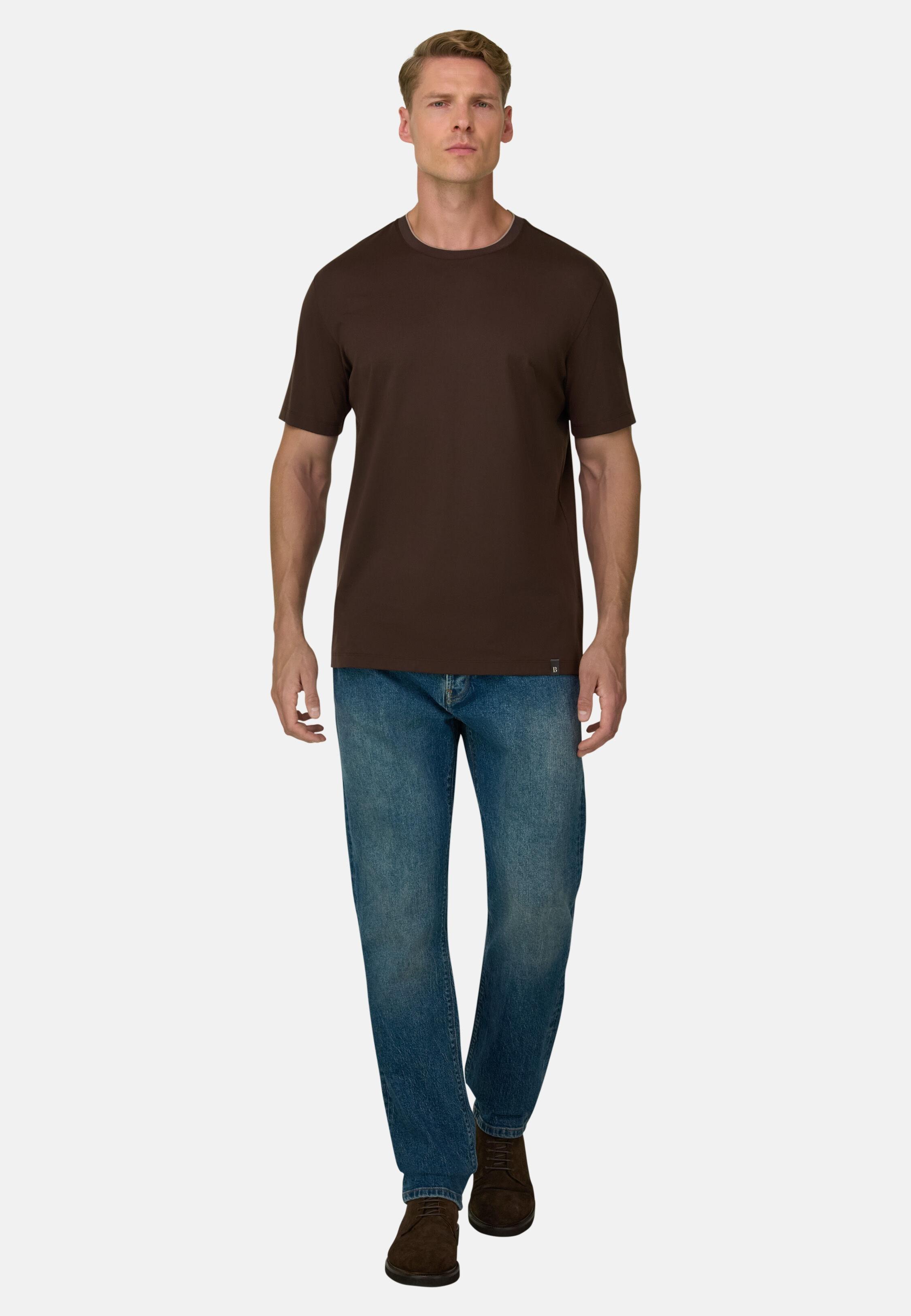 T-Shirt in Cotton and Silk Jersey, Dark Brown, Dark brown, medium