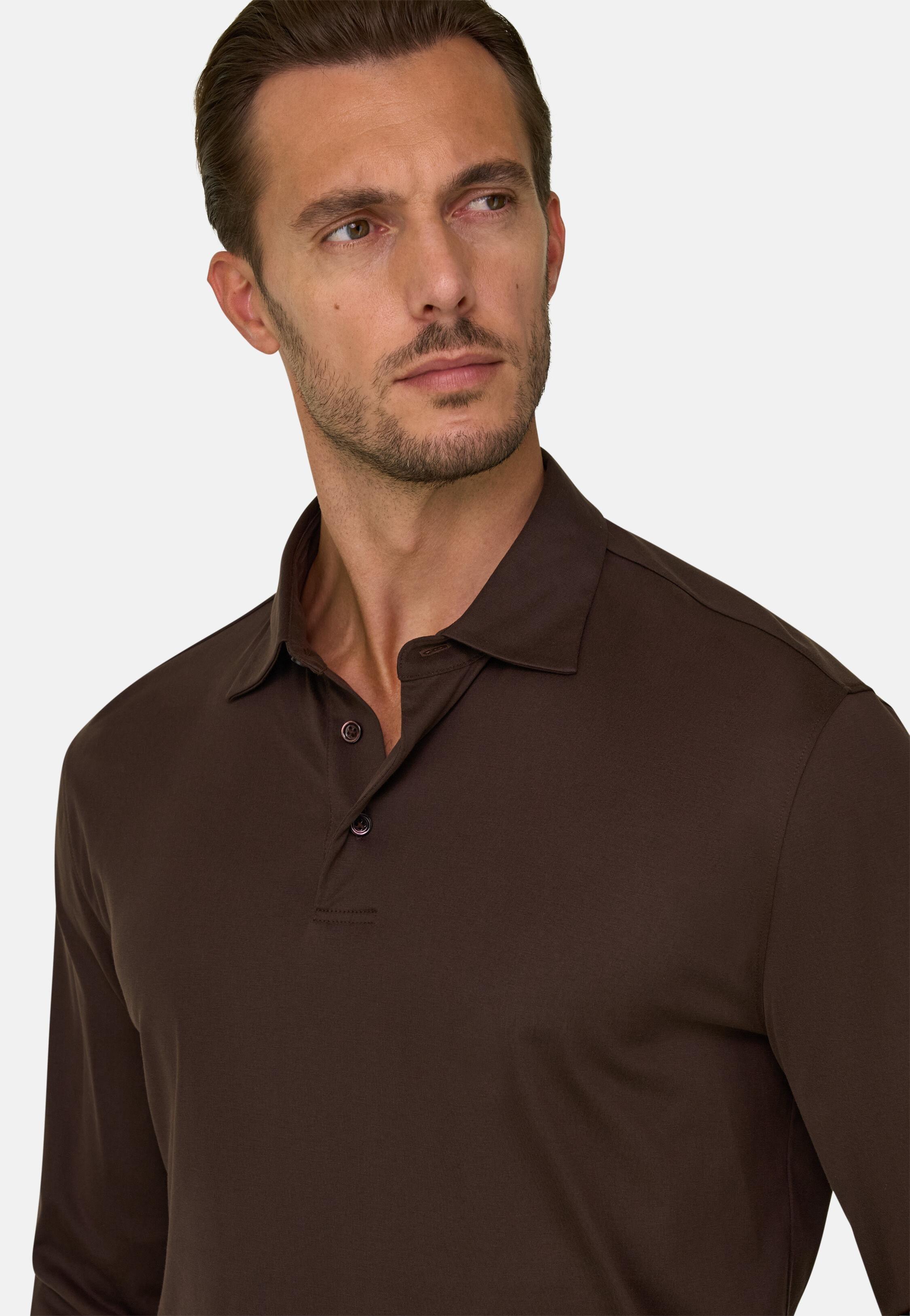 بولو من جيرسيه القطن والحرير بني داكن, Dark brown, medium