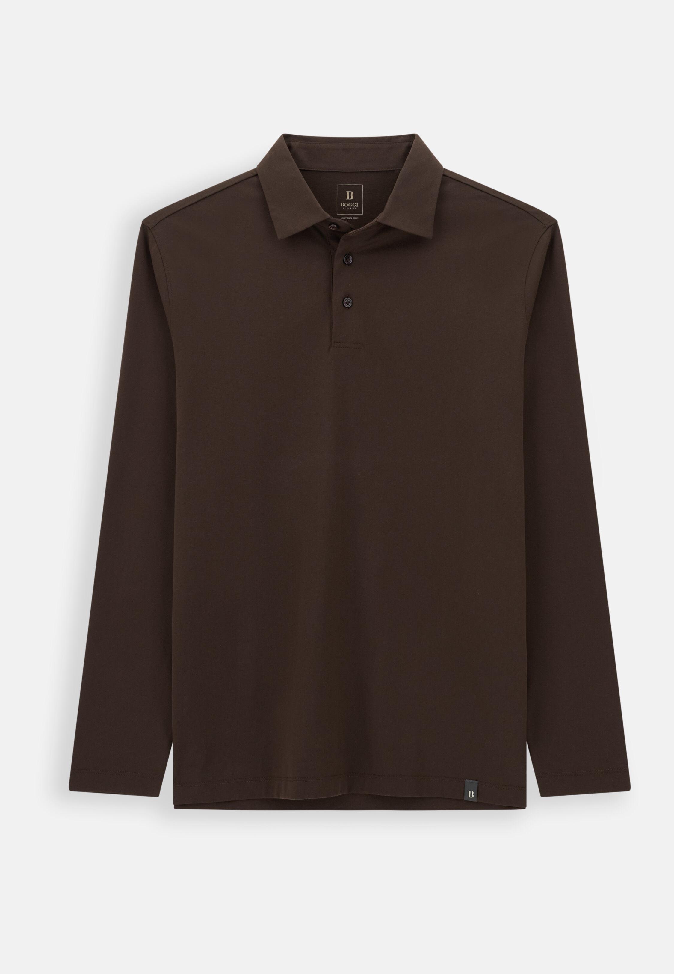 بولو من جيرسيه القطن والحرير بني داكن, Dark brown, large image number 3