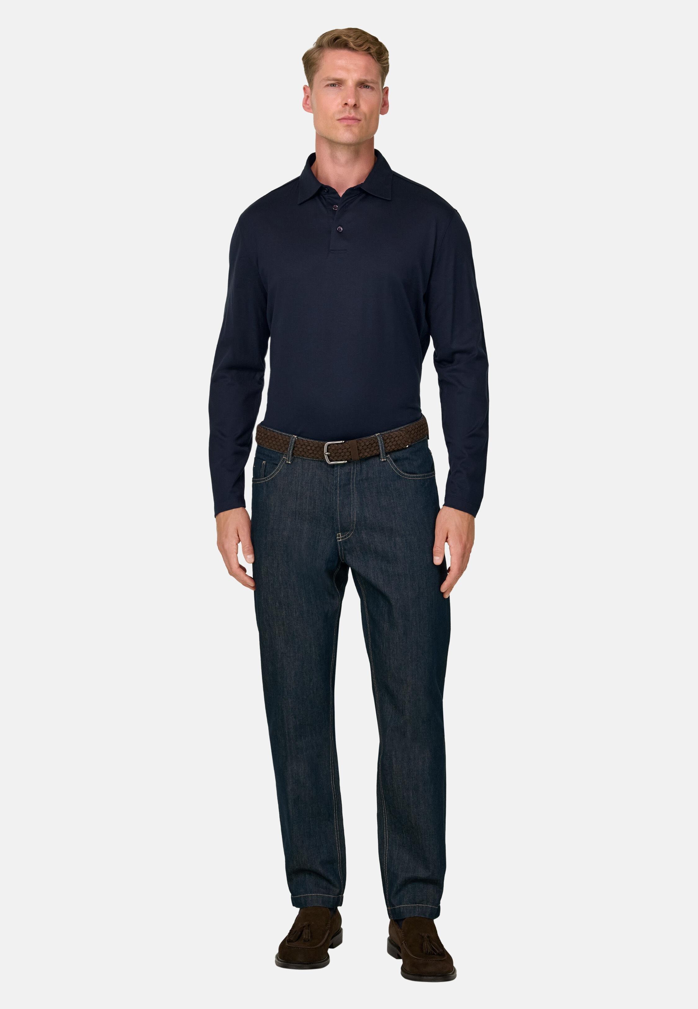 Polo in Cotton and Silk Jersey, Navy Blue, Navy blue, large image number 0