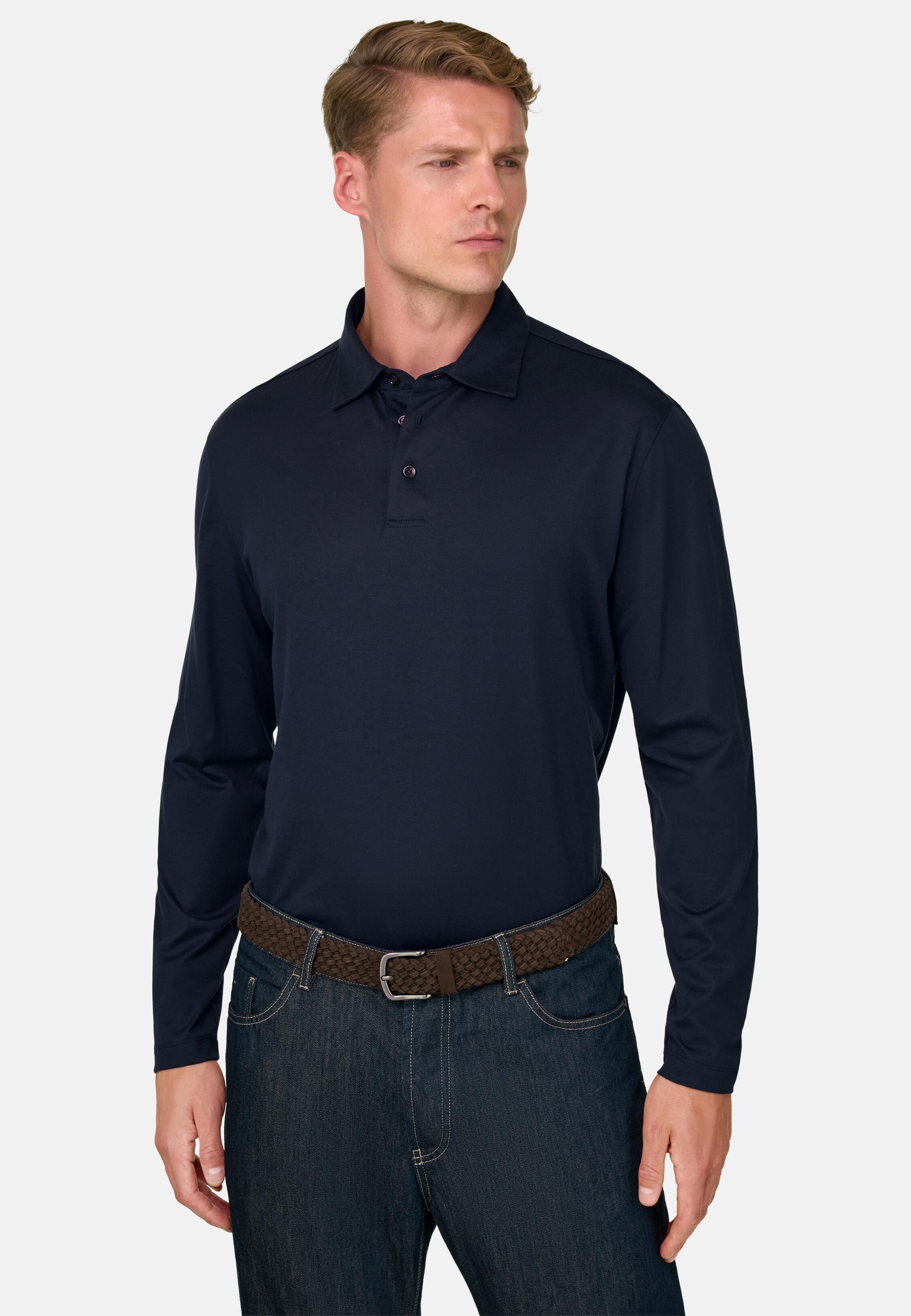 Polo in Cotton and Silk Jersey, Navy Blue, Navy blue, large image number 1