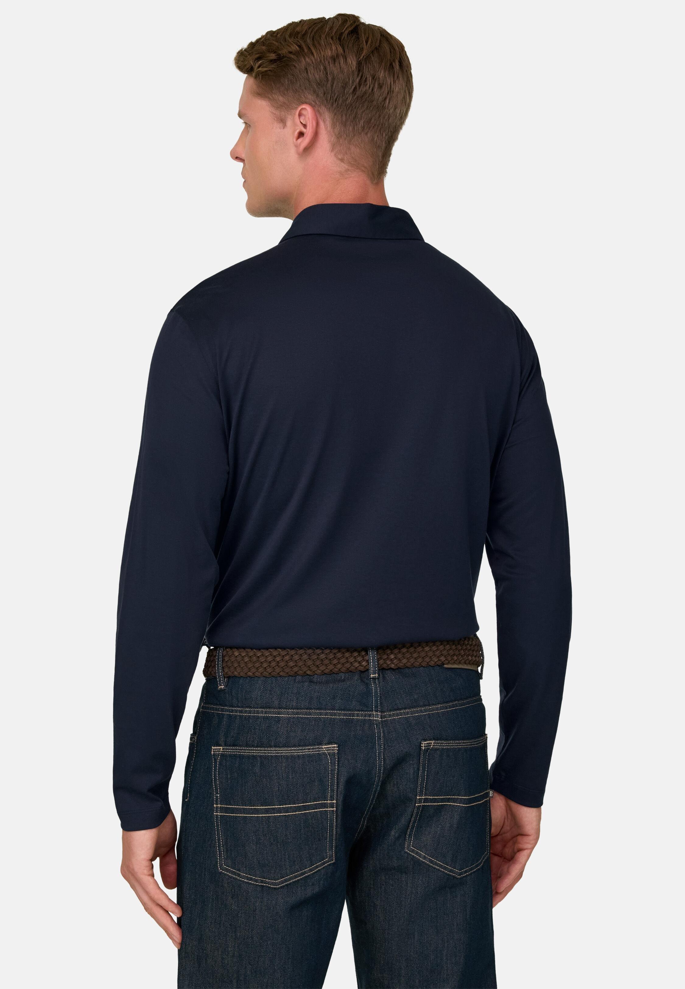 Polo in Cotton and Silk Jersey, Navy Blue, Navy blue, large image number 3