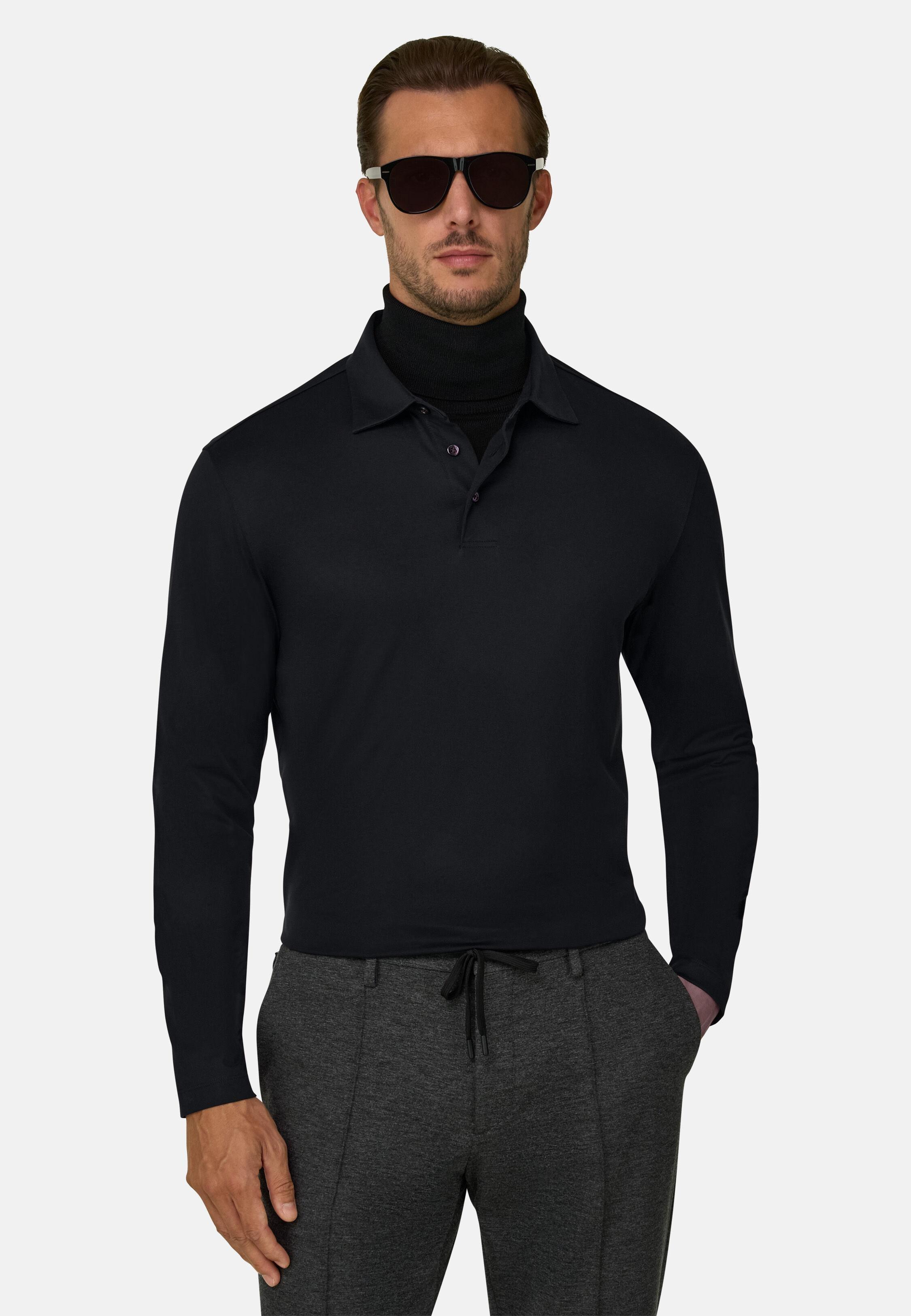 Polo in Cotton and Silk Jersey, Black, Black, large image number 1