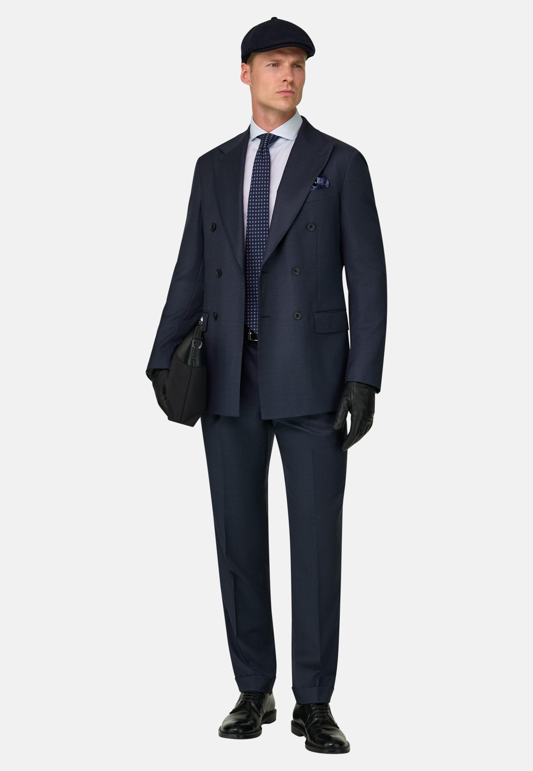 بدلة مزدوجة الصدر من الصوف المنقوش أزرق كحلي, Navy blue, medium