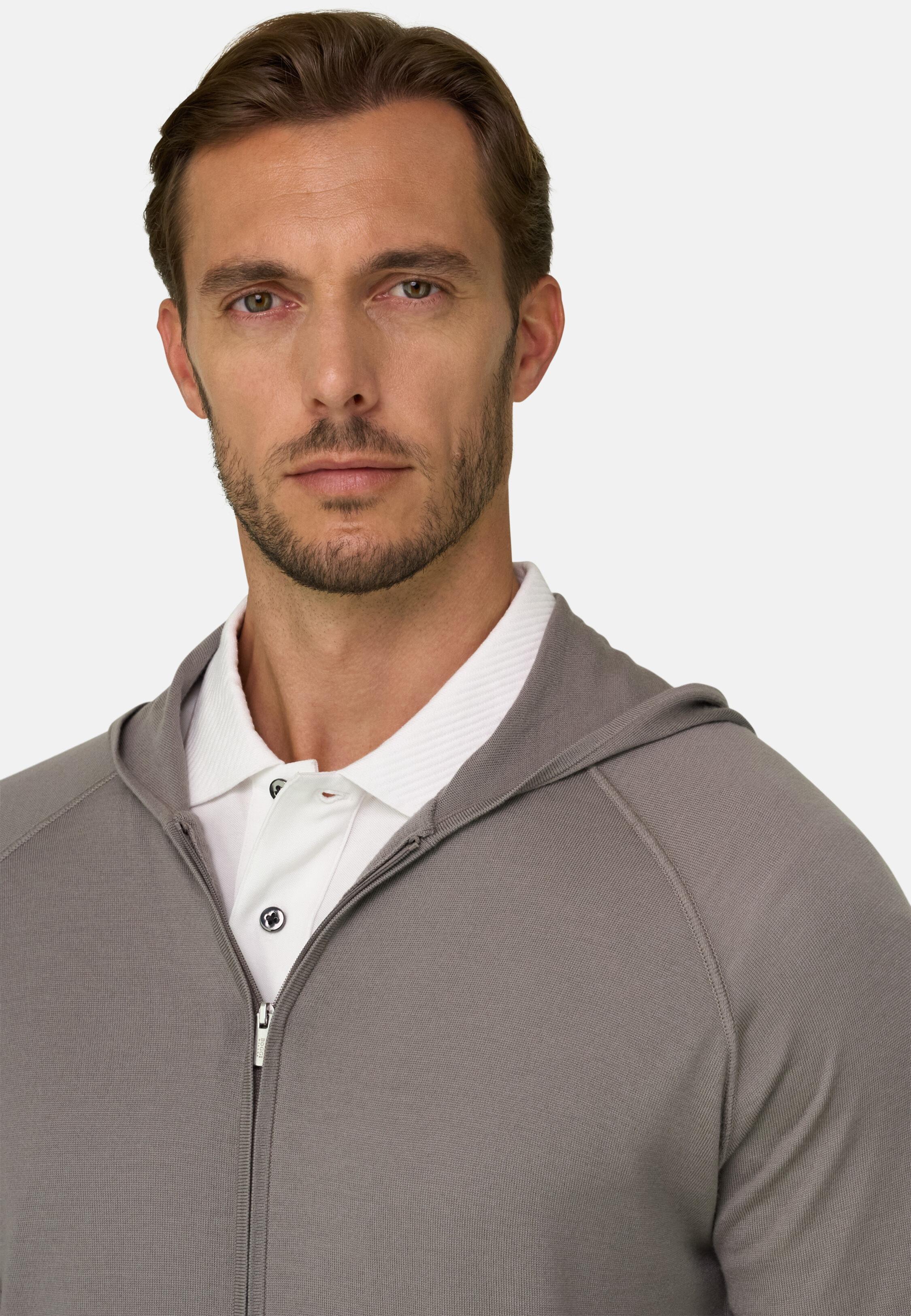 Knitted Sweatshirt Full-Zip Hoodie in Superfine Merino Taupe, Taupe, medium
