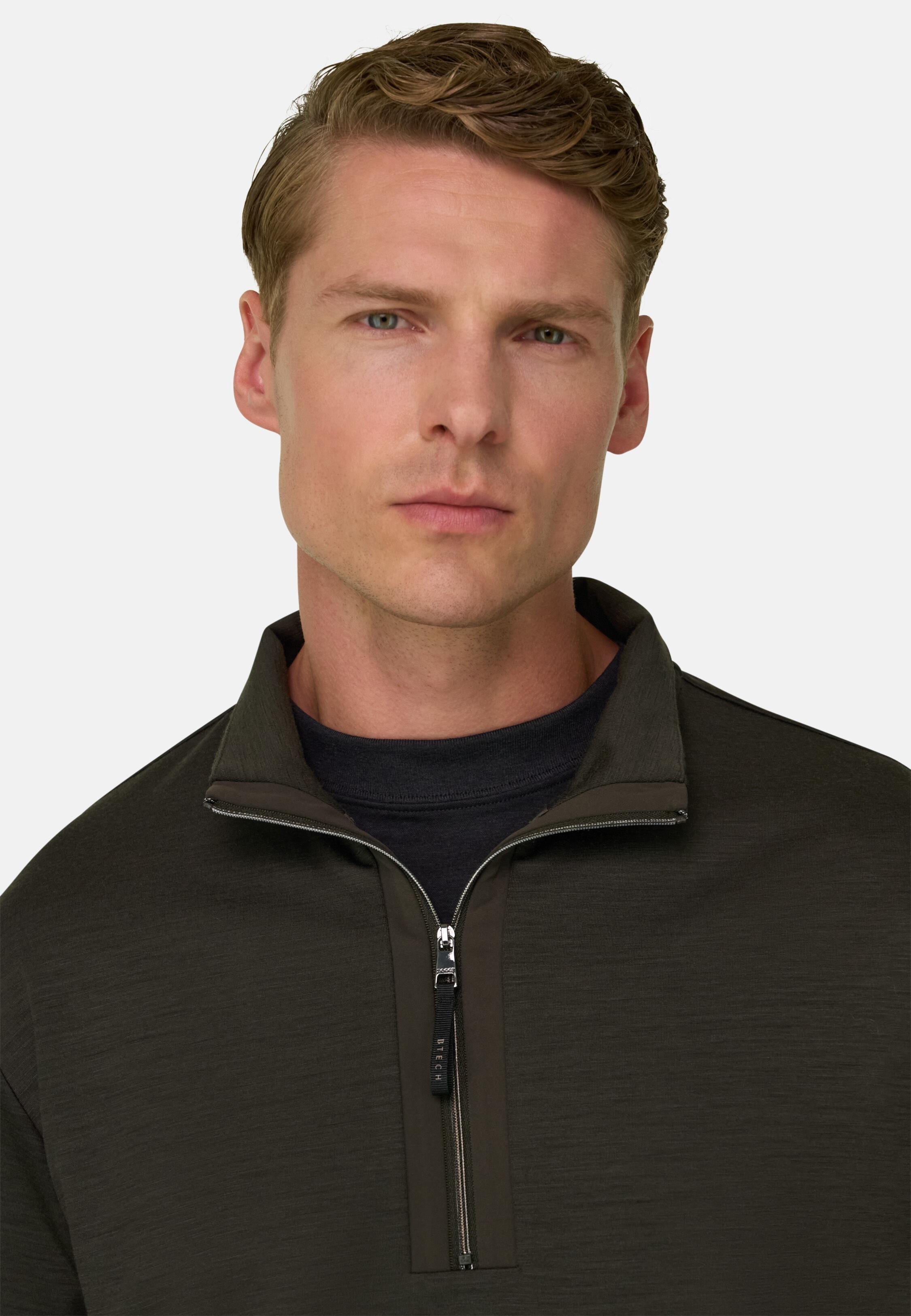 Quarter-Zip Sweatshirt in Wool Blend Wooltech Military Green, Military Green, medium