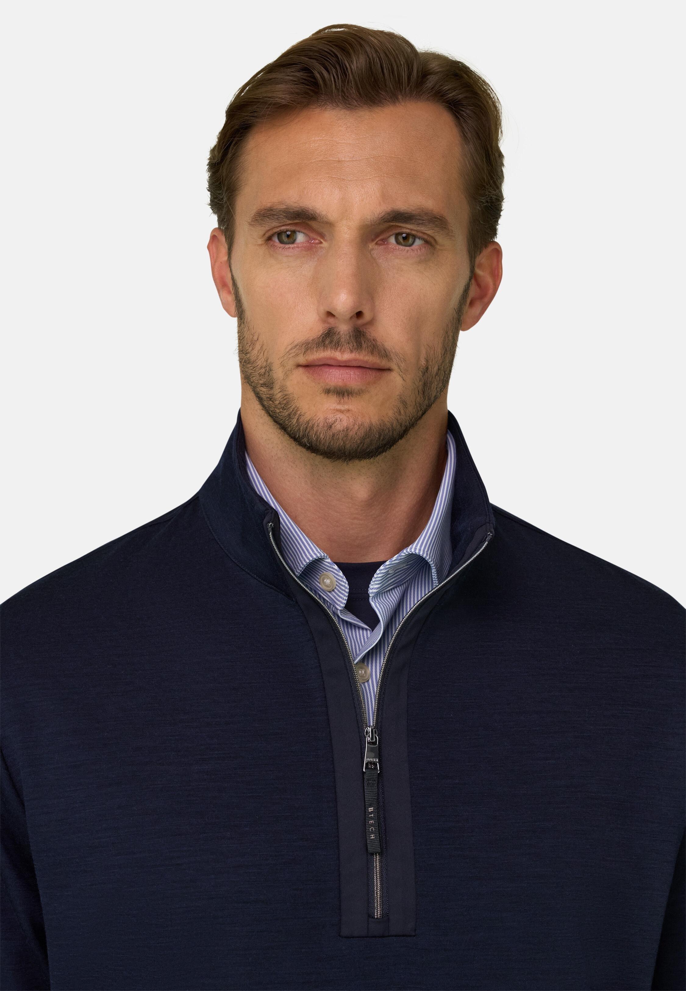 Quarter-Zip Sweatshirt in Wool Blend Wooltech Navy blue, Navy blue, medium