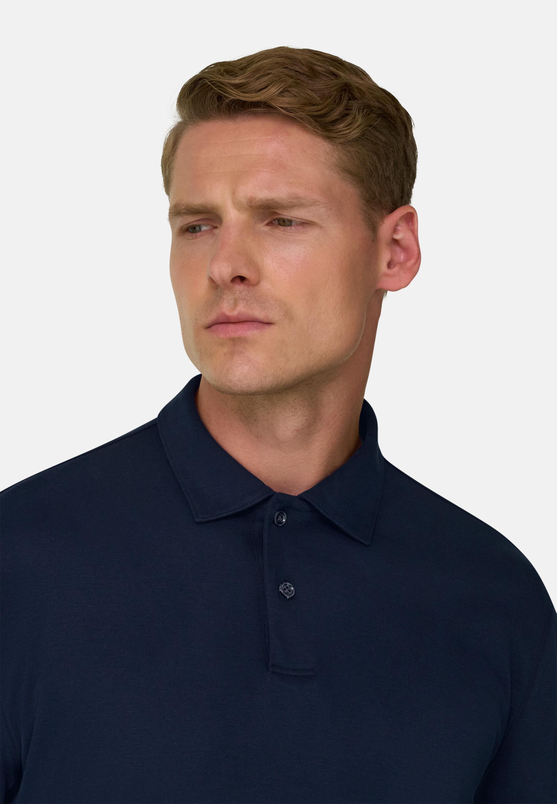 Polo in Cotton Blend Jersey S. Caf&egrave;&reg;, Navy Blue, Navy blue, medium