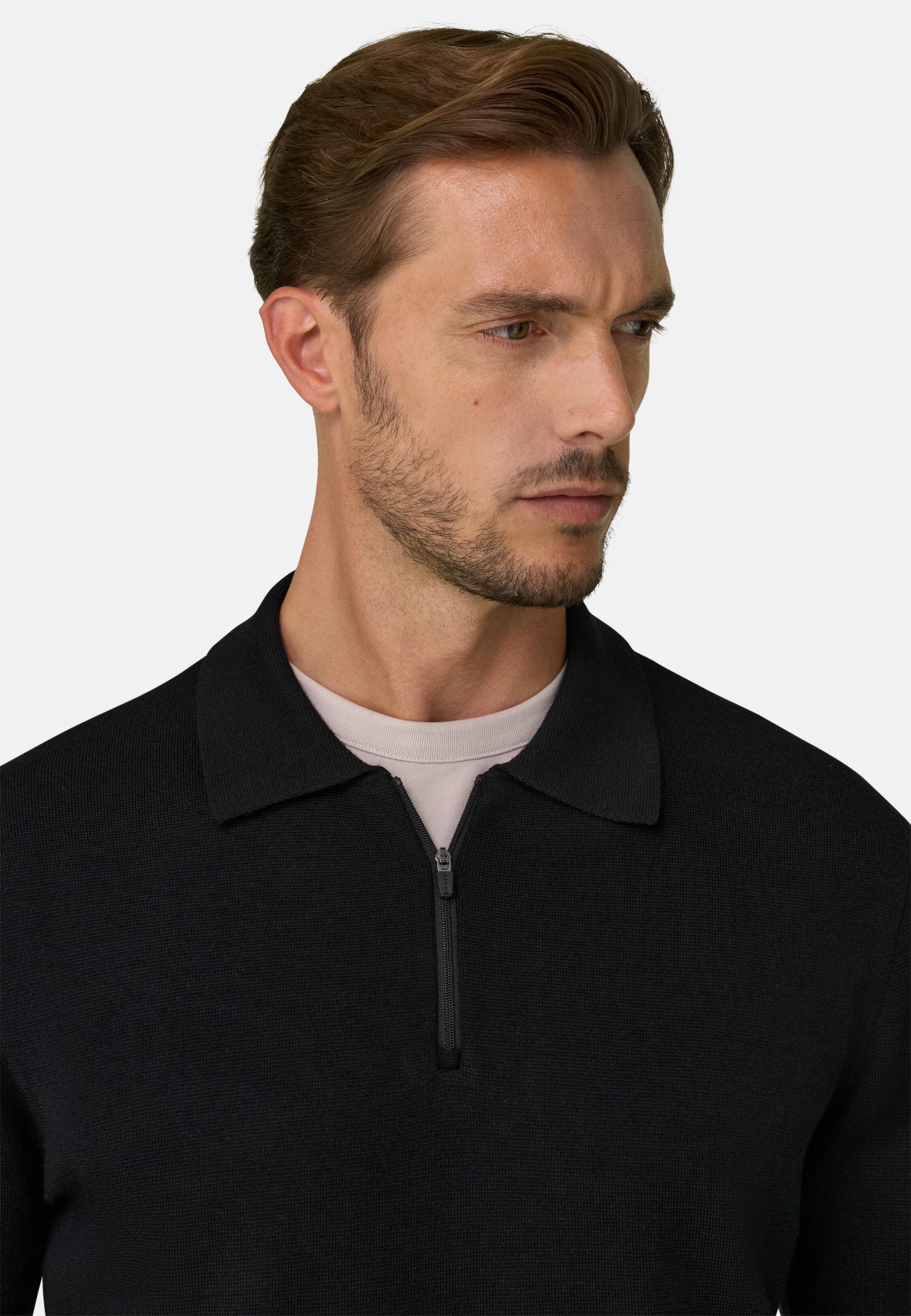 قميص بولو محبوك بسحاب ربع من مزيج الصوف Wooltech أسود, Black, large image number 1