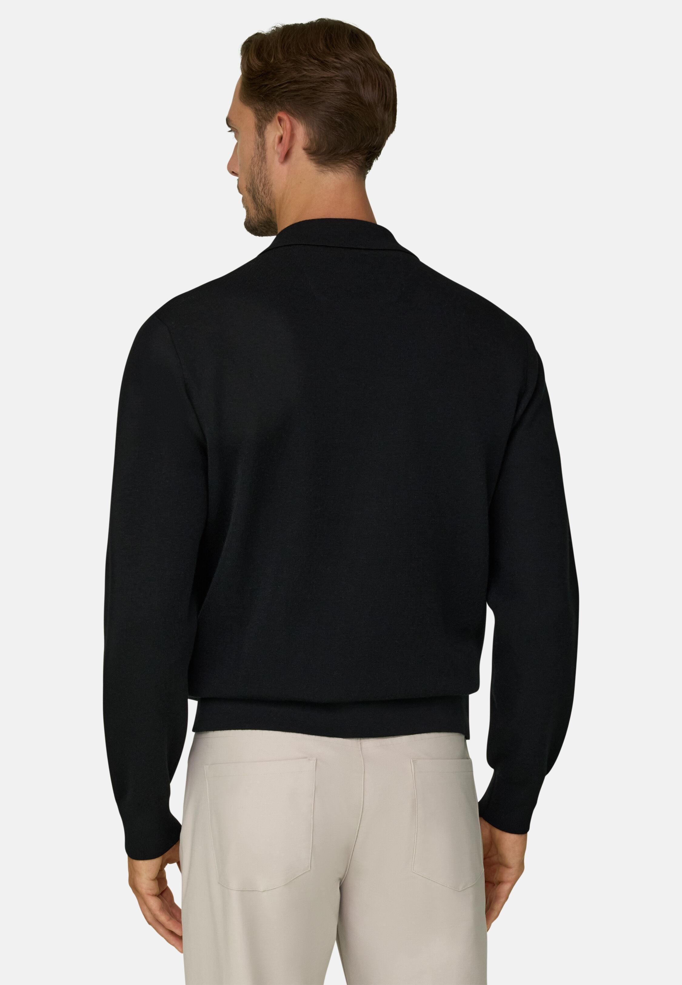 قميص بولو محبوك بسحاب ربع من مزيج الصوف Wooltech أسود, Black, medium