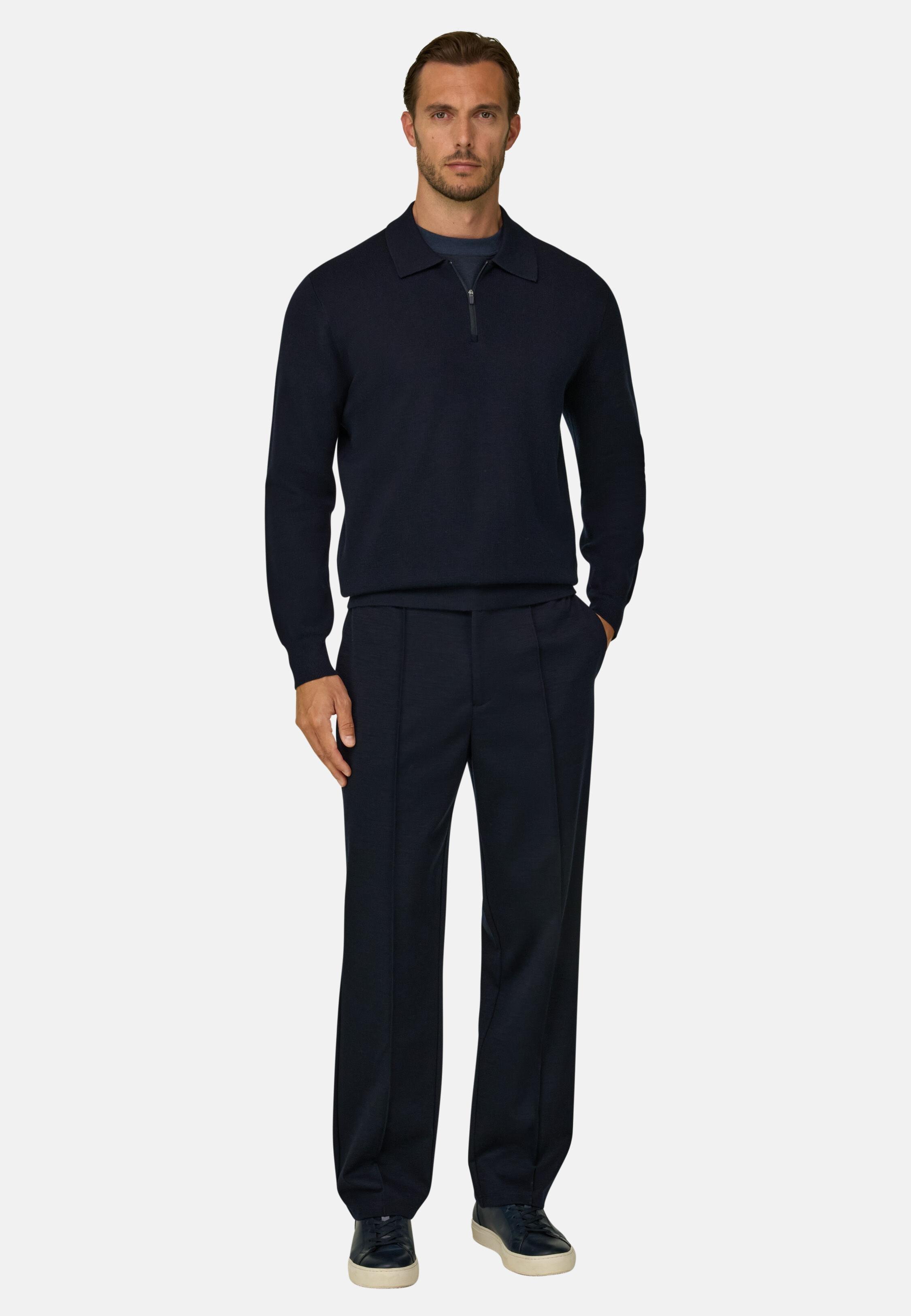 قميص بولو محبوك بسحاب ربع من مزيج الصوف Wooltech أزرق كحلي, Navy blue, large image number 0