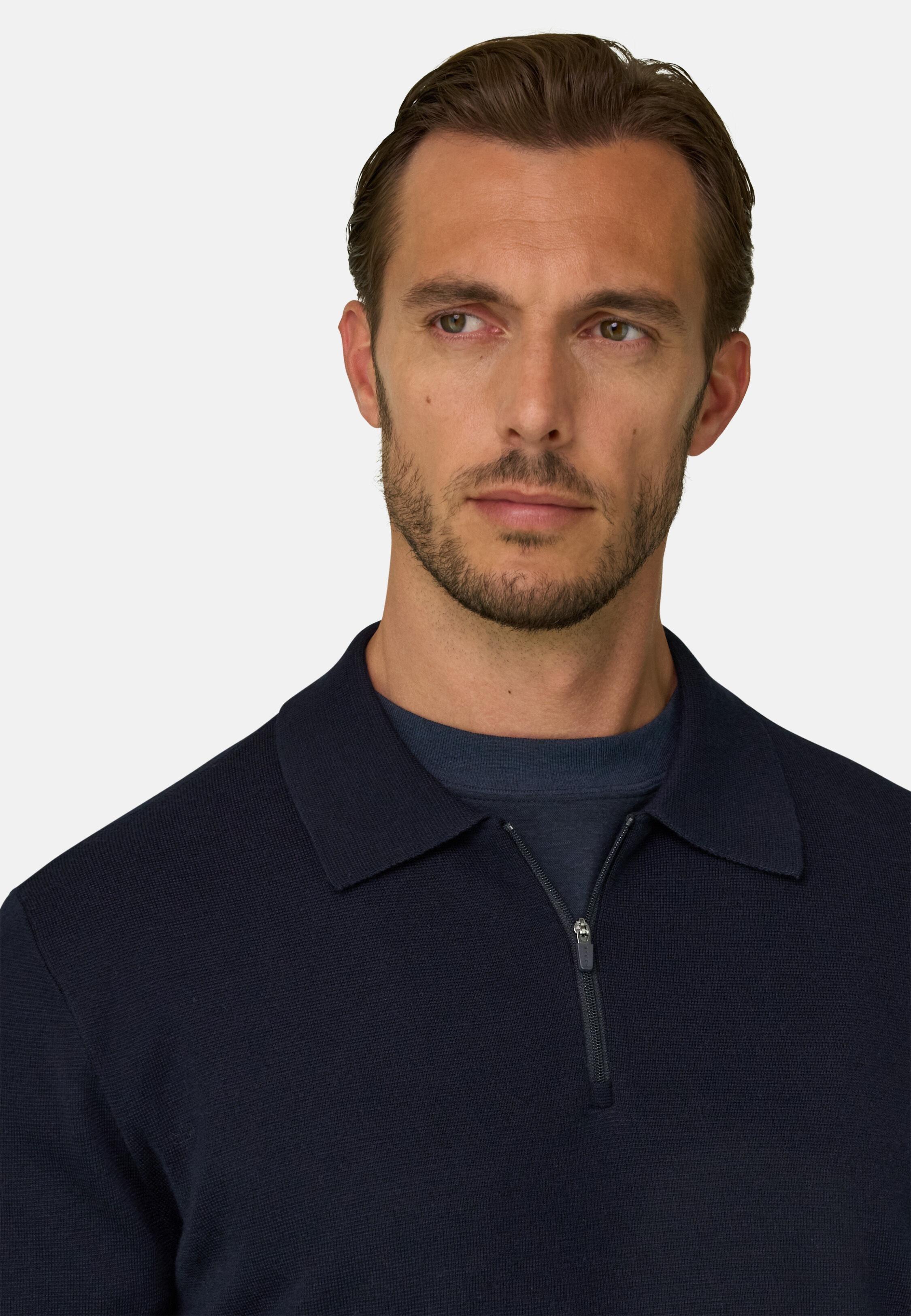 قميص بولو محبوك بسحاب ربع من مزيج الصوف Wooltech أزرق كحلي, Navy blue, medium
