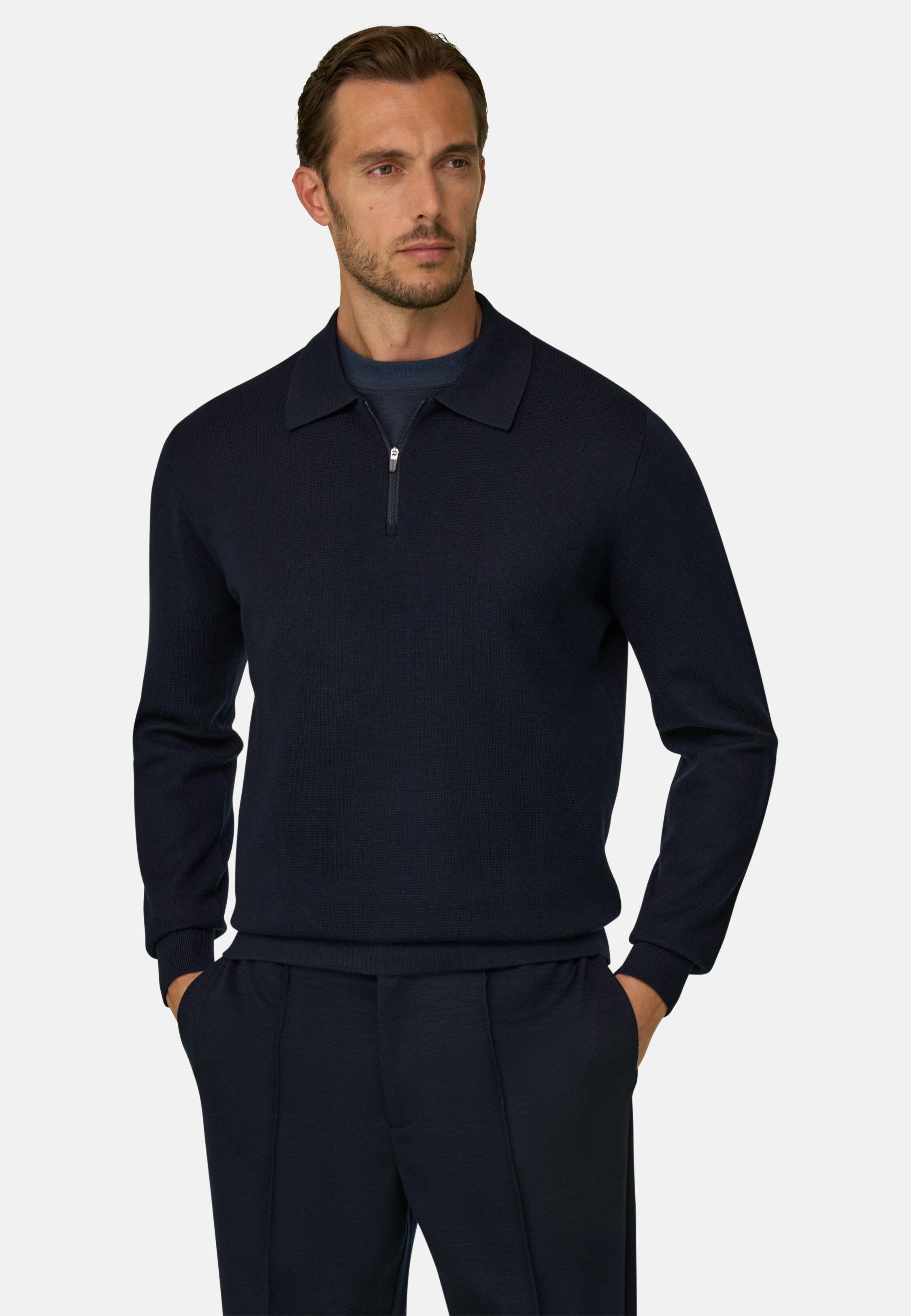 قميص بولو محبوك بسحاب ربع من مزيج الصوف Wooltech أزرق كحلي, Navy blue, large image number 1