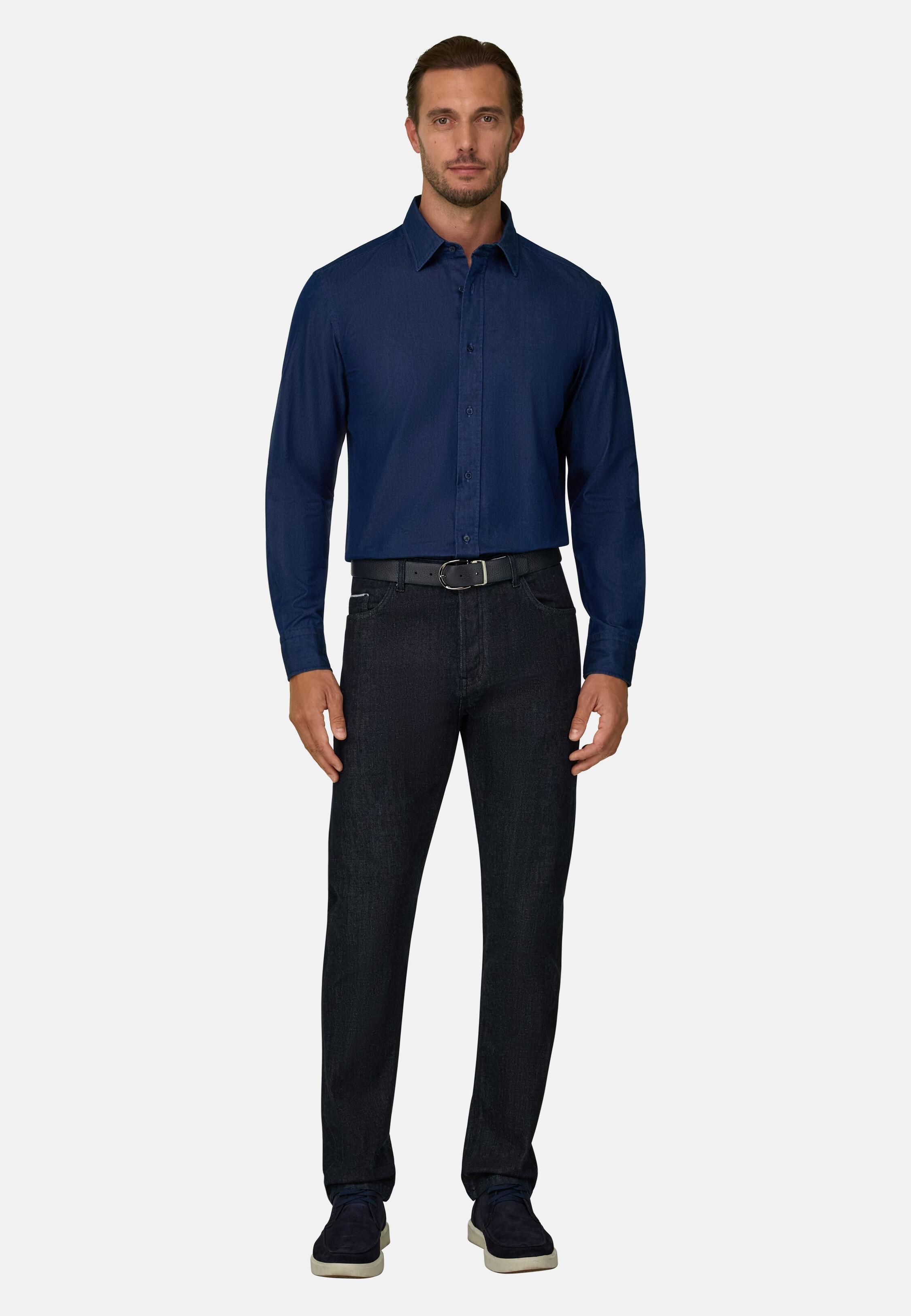 Shirt in Cotton Denim Regular Fit Dark Blue, Dark Blue, large image number 0