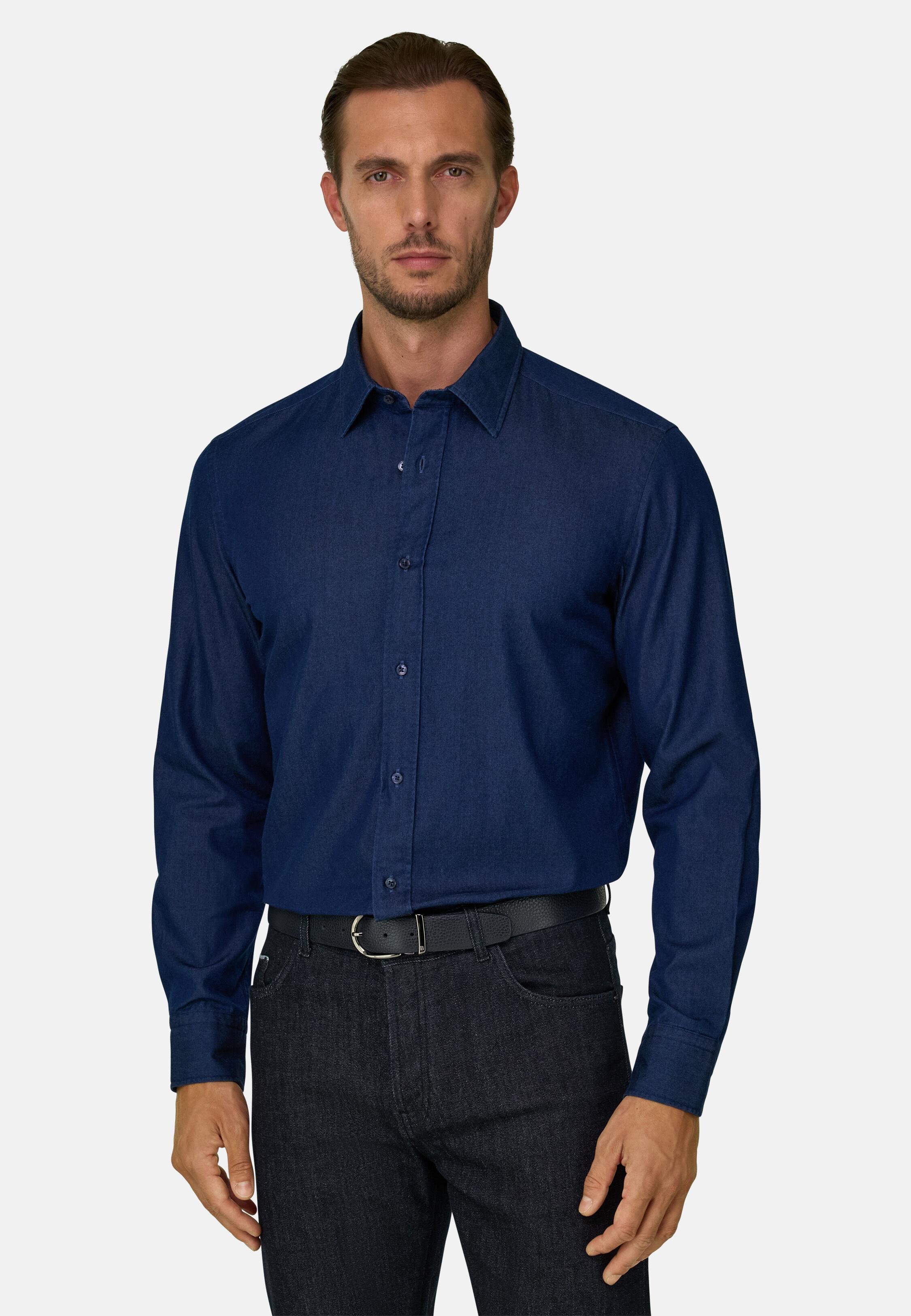 Shirt in Cotton Denim Regular Fit Dark Blue, Dark Blue, large image number 1