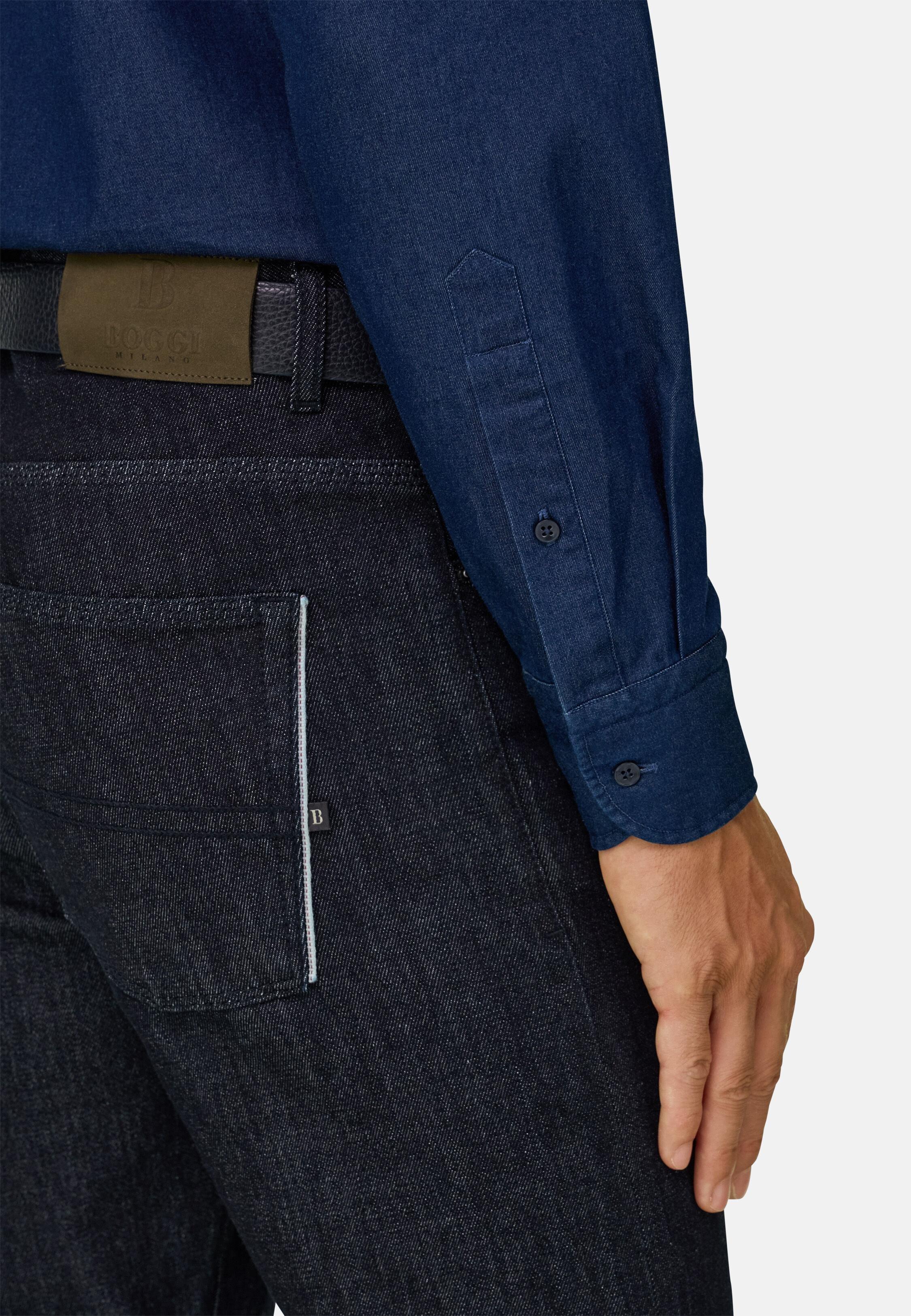 Shirt in Cotton Denim Regular Fit Dark Blue, Dark Blue, large image number 3