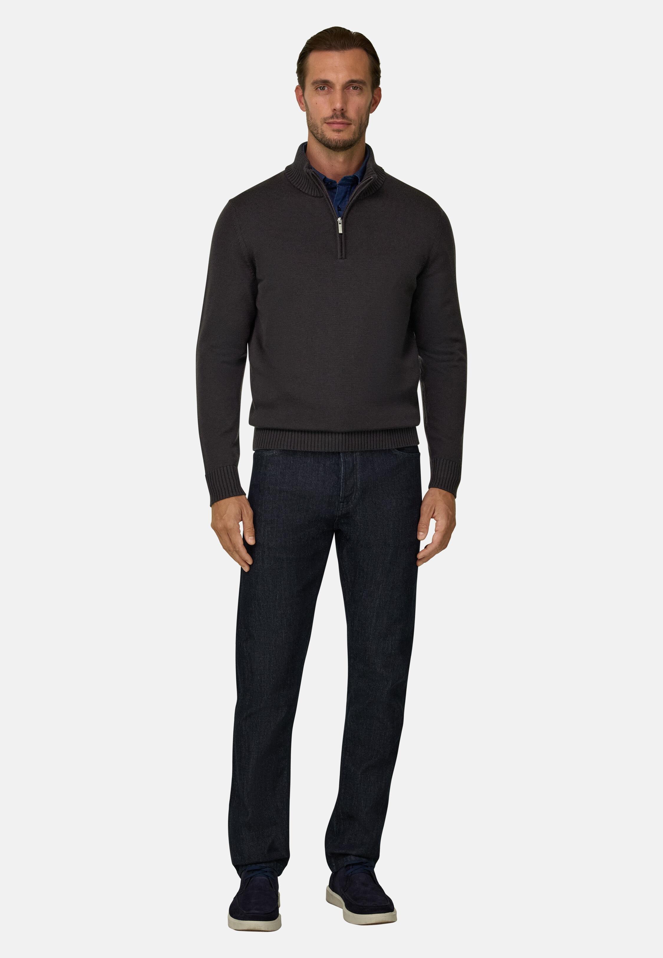 Brown Roll Neck Jumper Quarter-Zip Superfine Merino Wool, Dark brown, medium
