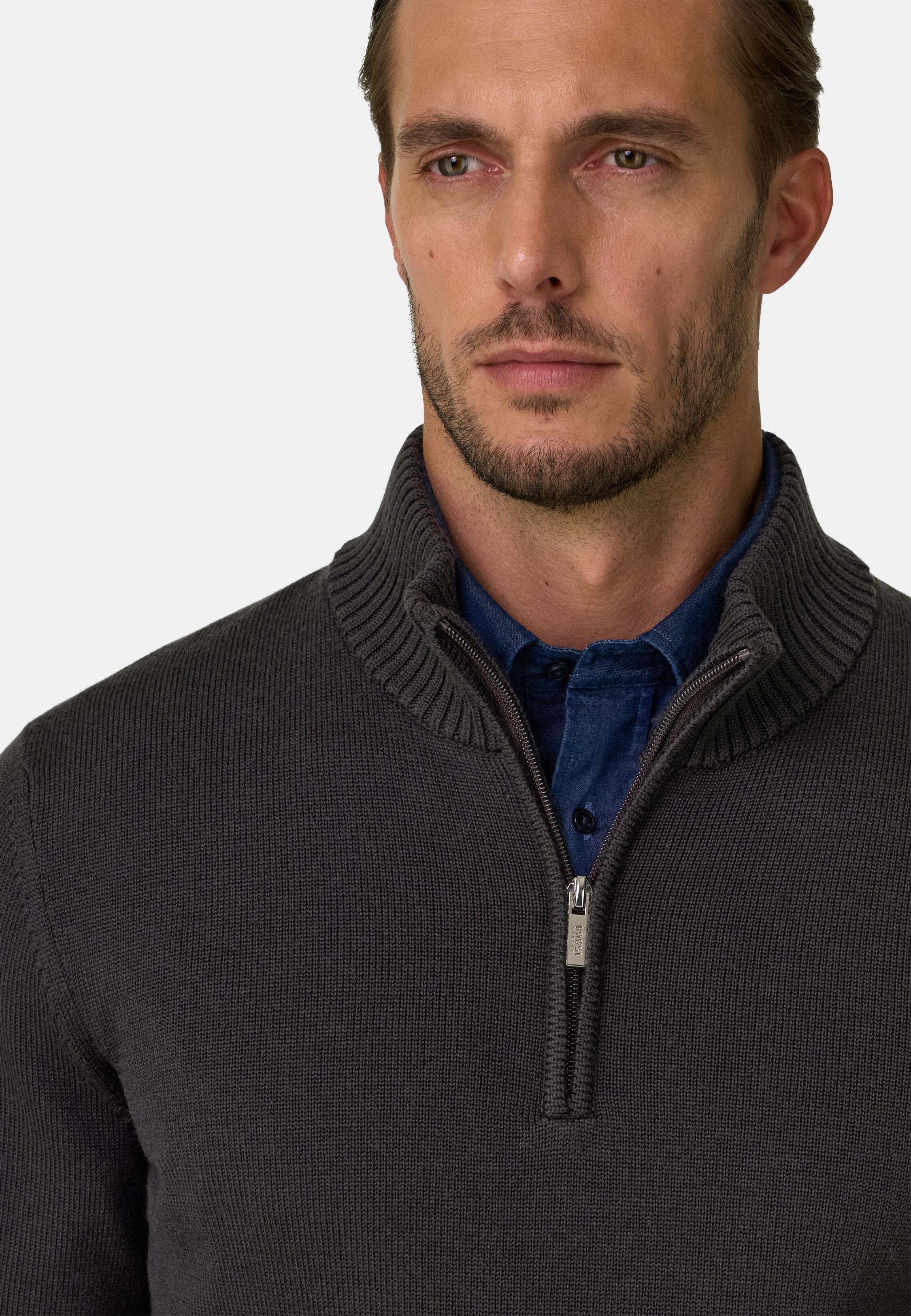 Brown Roll Neck Jumper Quarter-Zip Superfine Merino Wool, Dark brown, medium