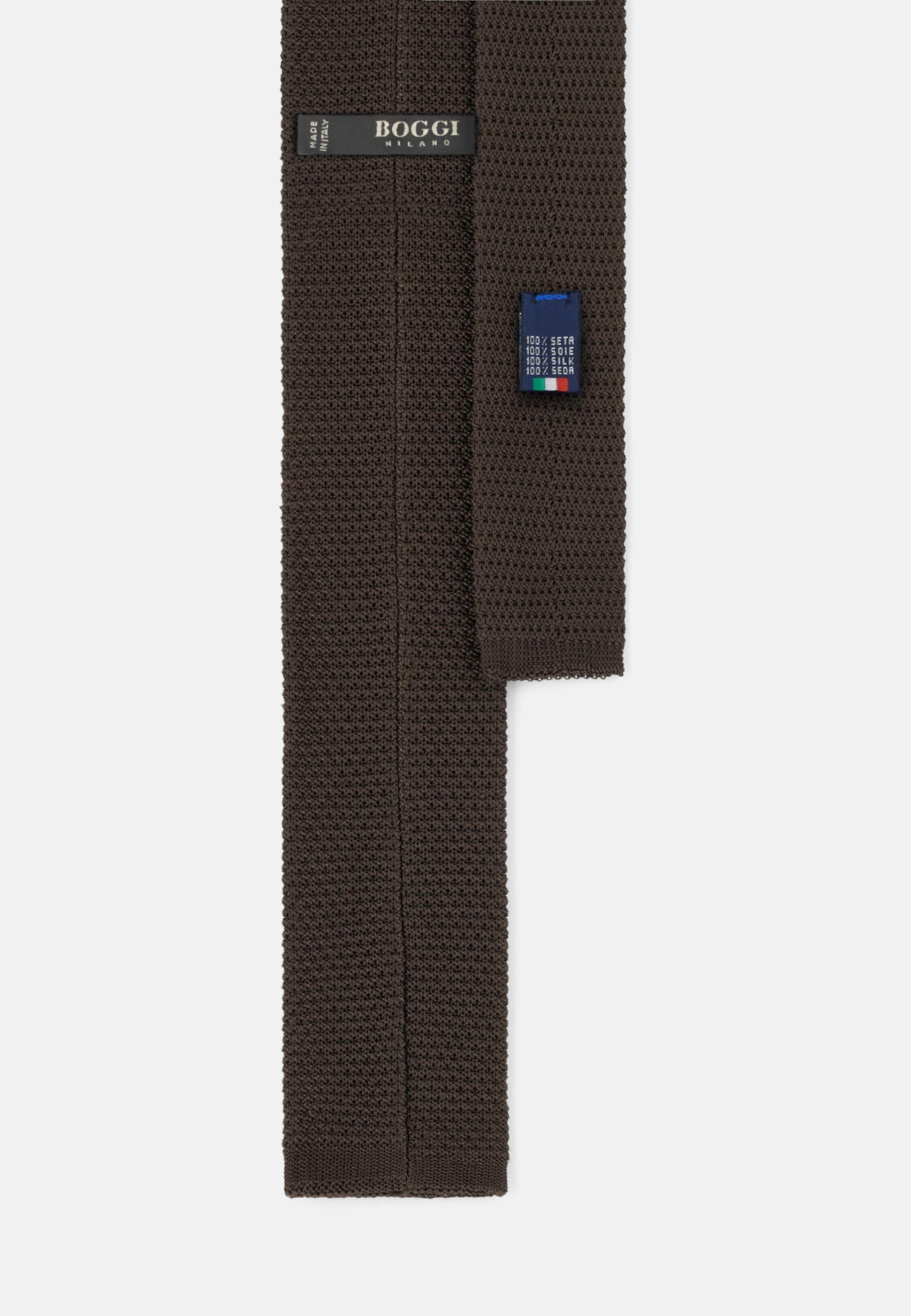 Tie in Knitted Fabric with Polka Dot Motif in Silk, Dark Brown, Dark brown, large image number 0