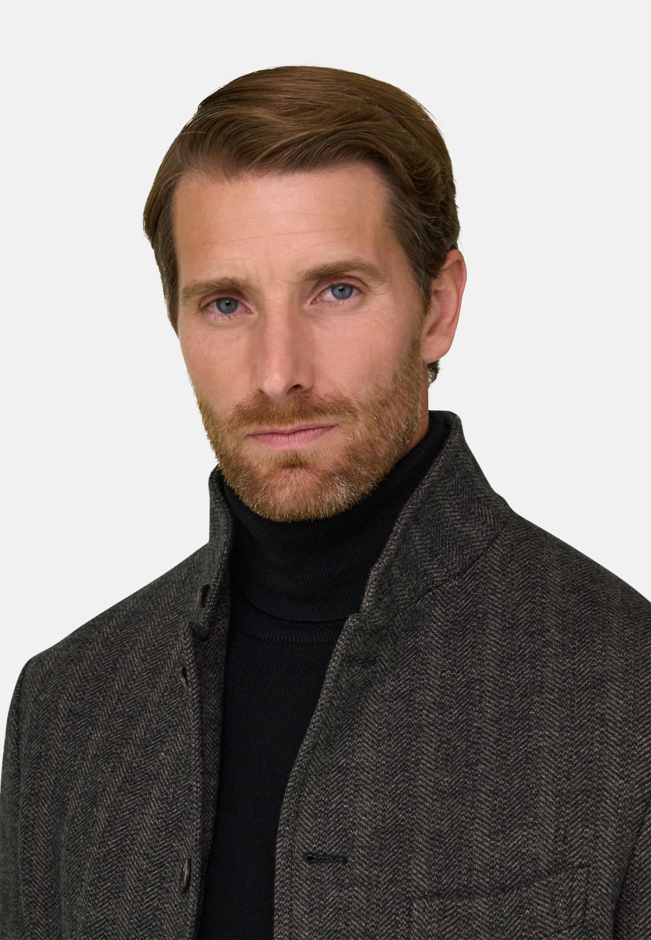 Peacoat Herringbone in Wool and Cotton Brown, Brown, large image number 1