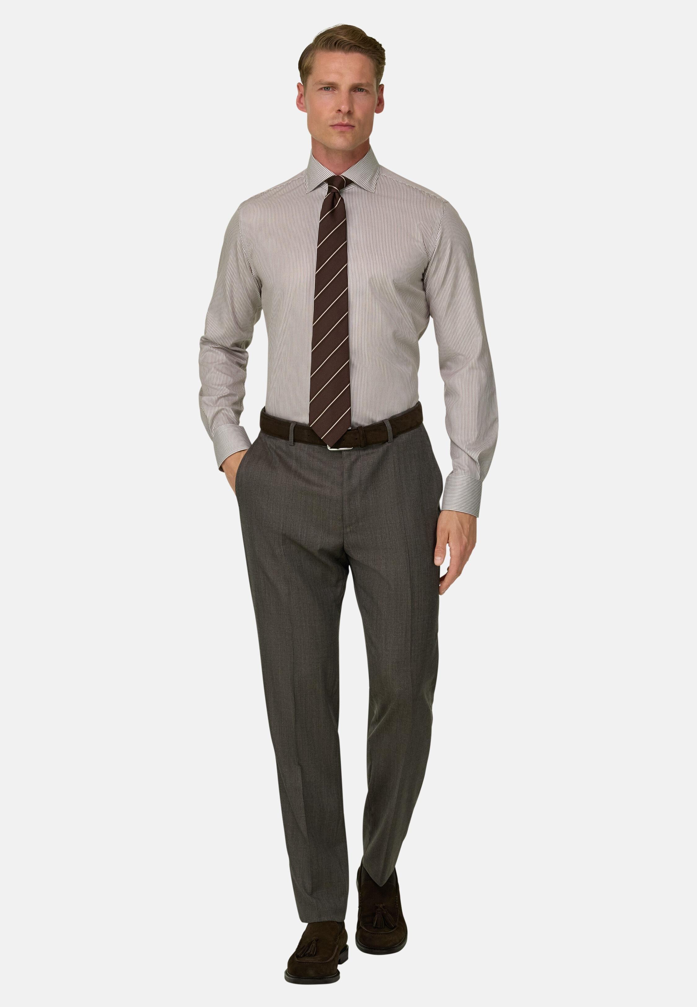 Shirt in Striped Cotton Regular Fit, Brown, Brown, medium