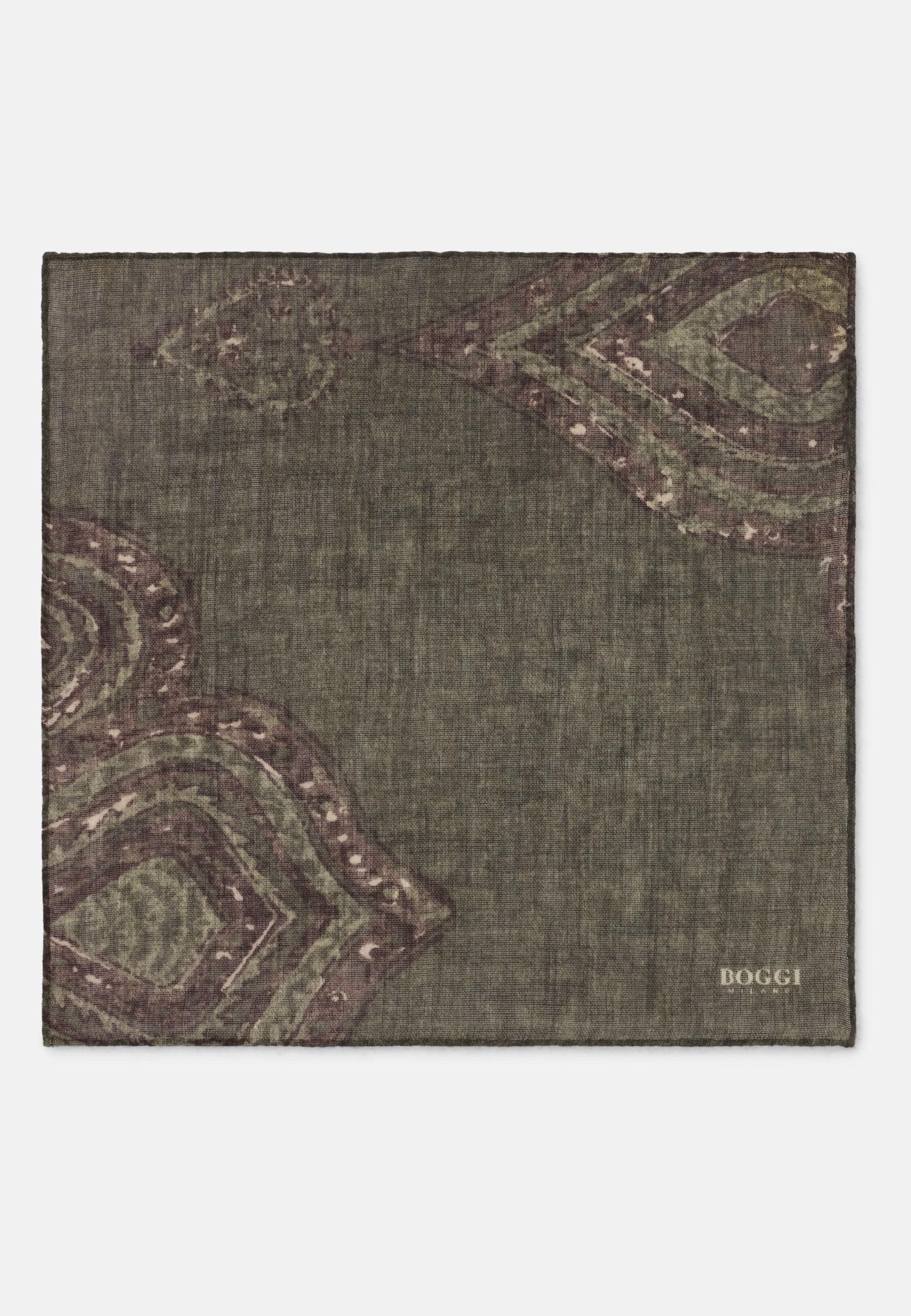 Pocket Square Macro Pattern Print in Wool, Green, Green, medium