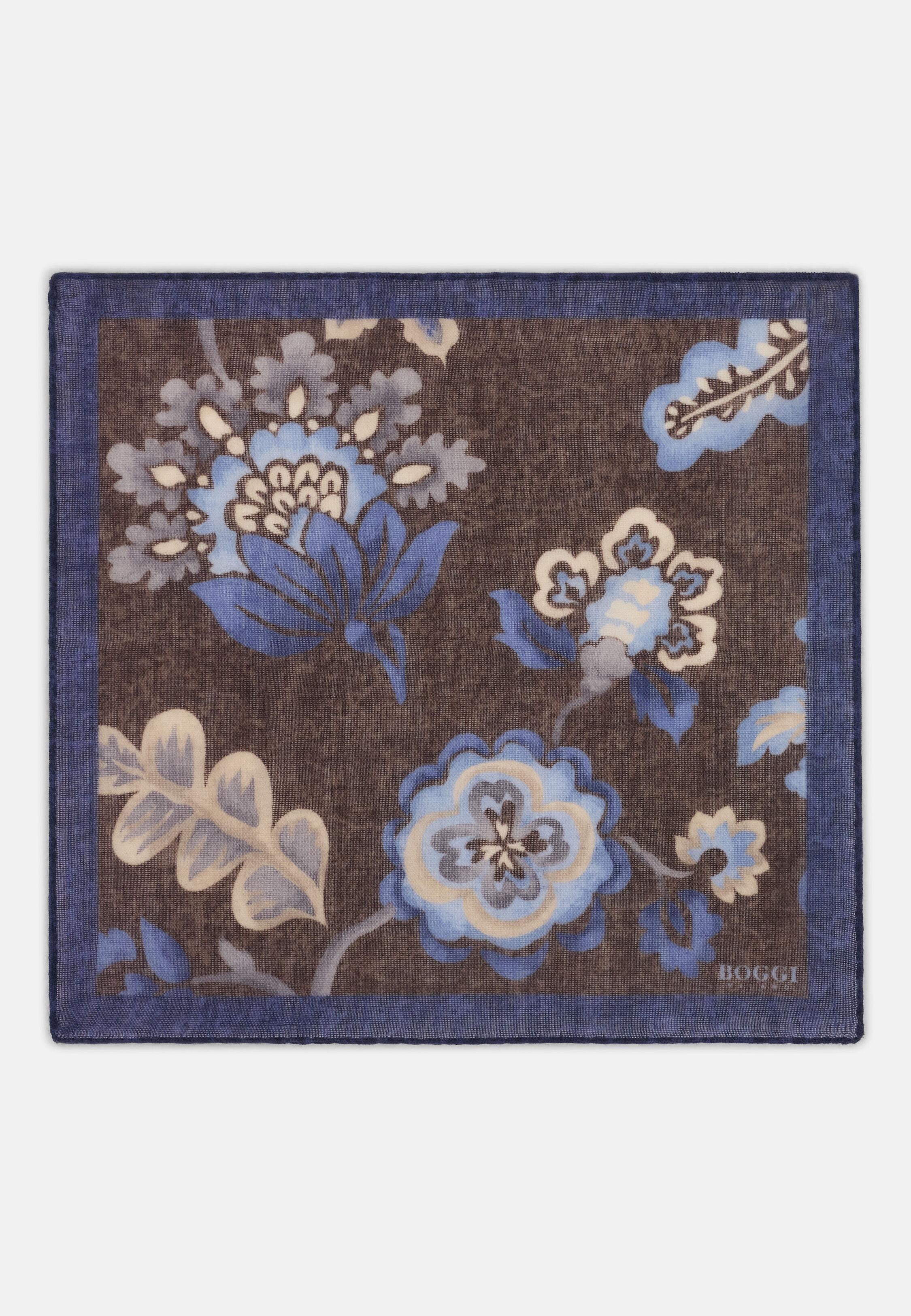 Pocket Square Macro Floral Print Wool, Brown, Dark brown, medium