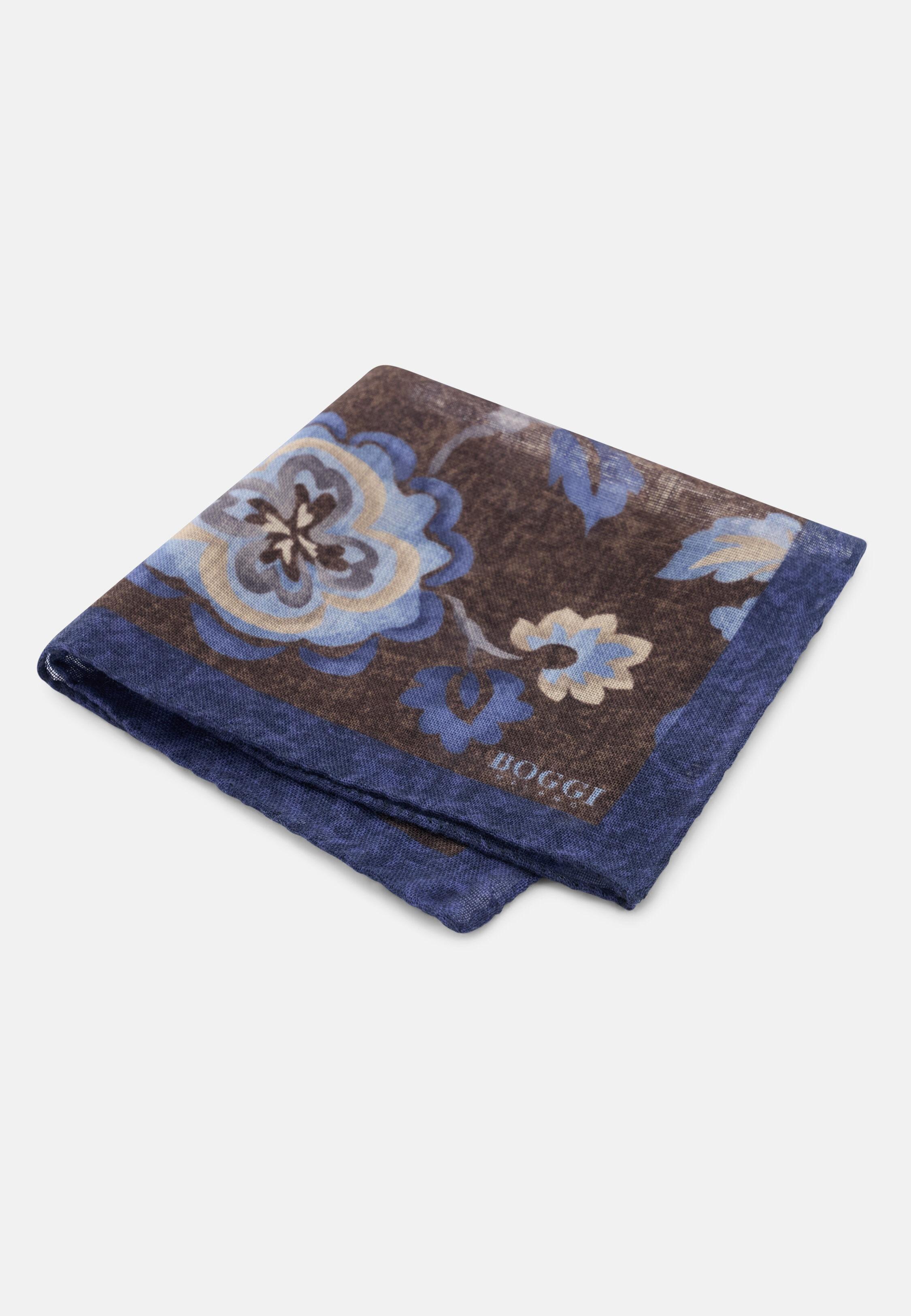 Pocket Square Macro Floral Print Wool, Dark Brown, Dark brown, medium