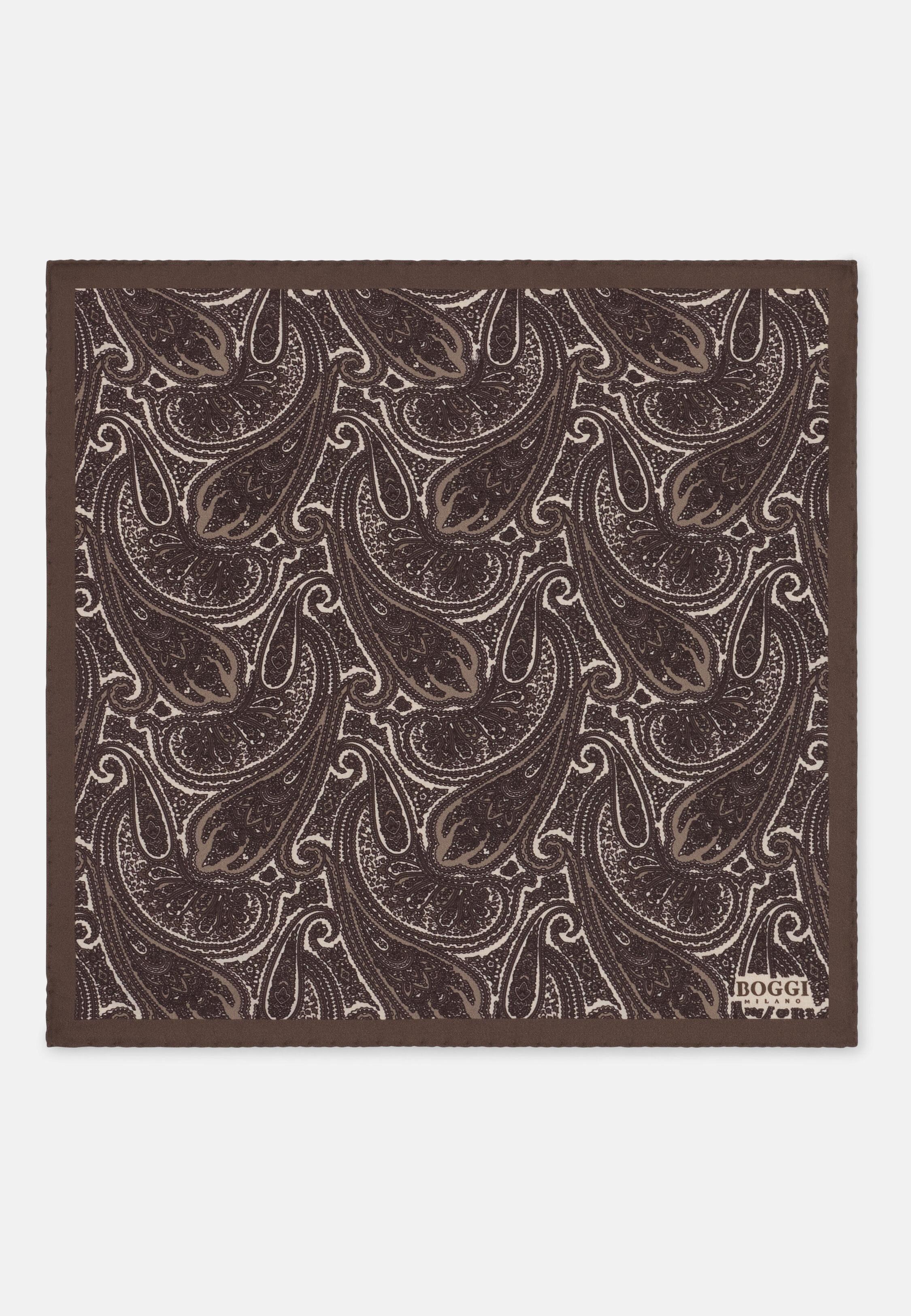 Pocket Square Paisley Print Silk, Dark Brown, Dark brown, large image number 0