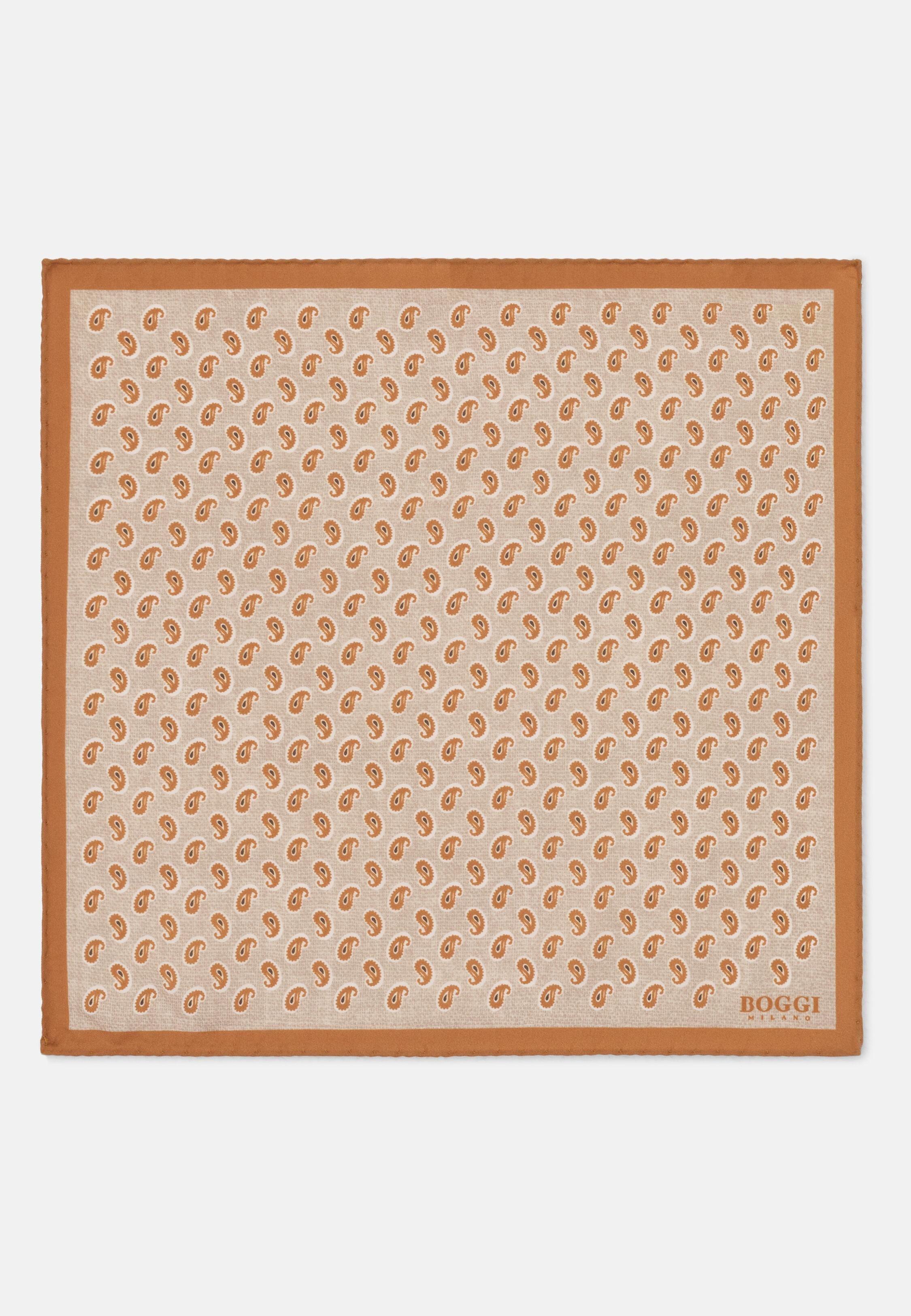 Pocket Square Micro Paisley Print Silk, Beige, Sand, medium