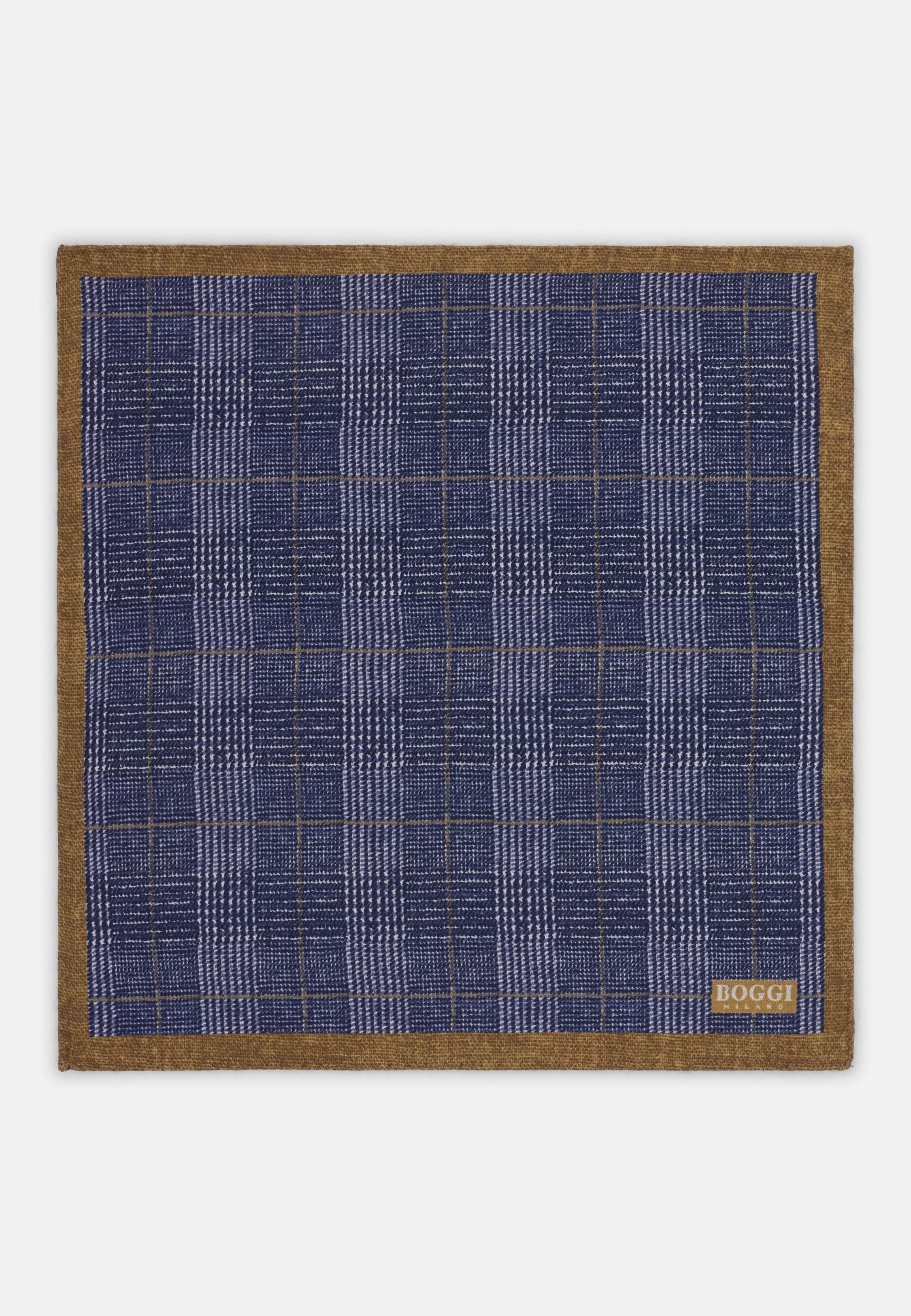 Pocket Square Double Prince Of Wales Check Print Silk Navy, Navy blue, medium