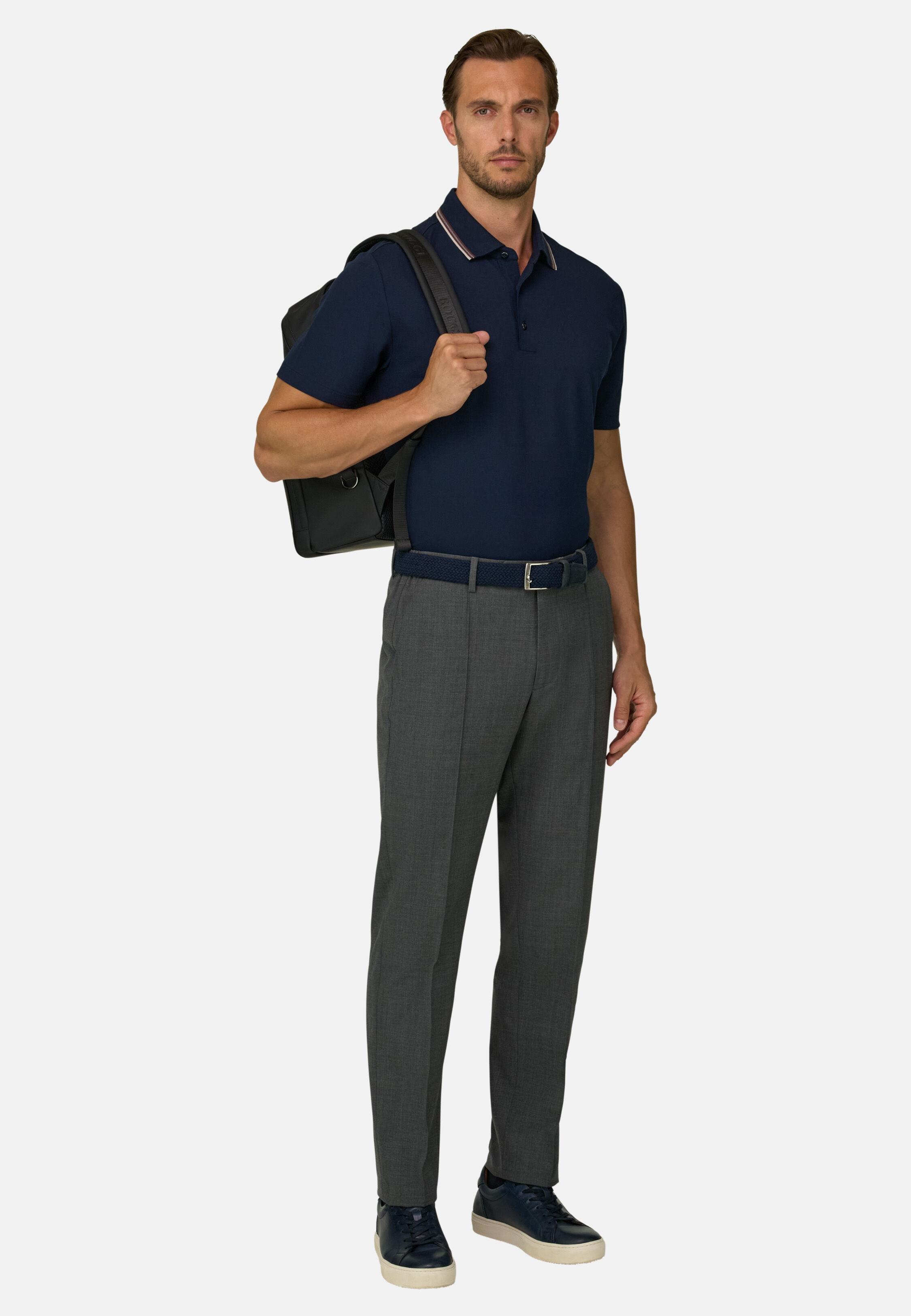 Polo in Stretch Cotton Blend Piqu&eacute; Cool Jade-Fresh, Navy Blue, Navy blue, large image number 0