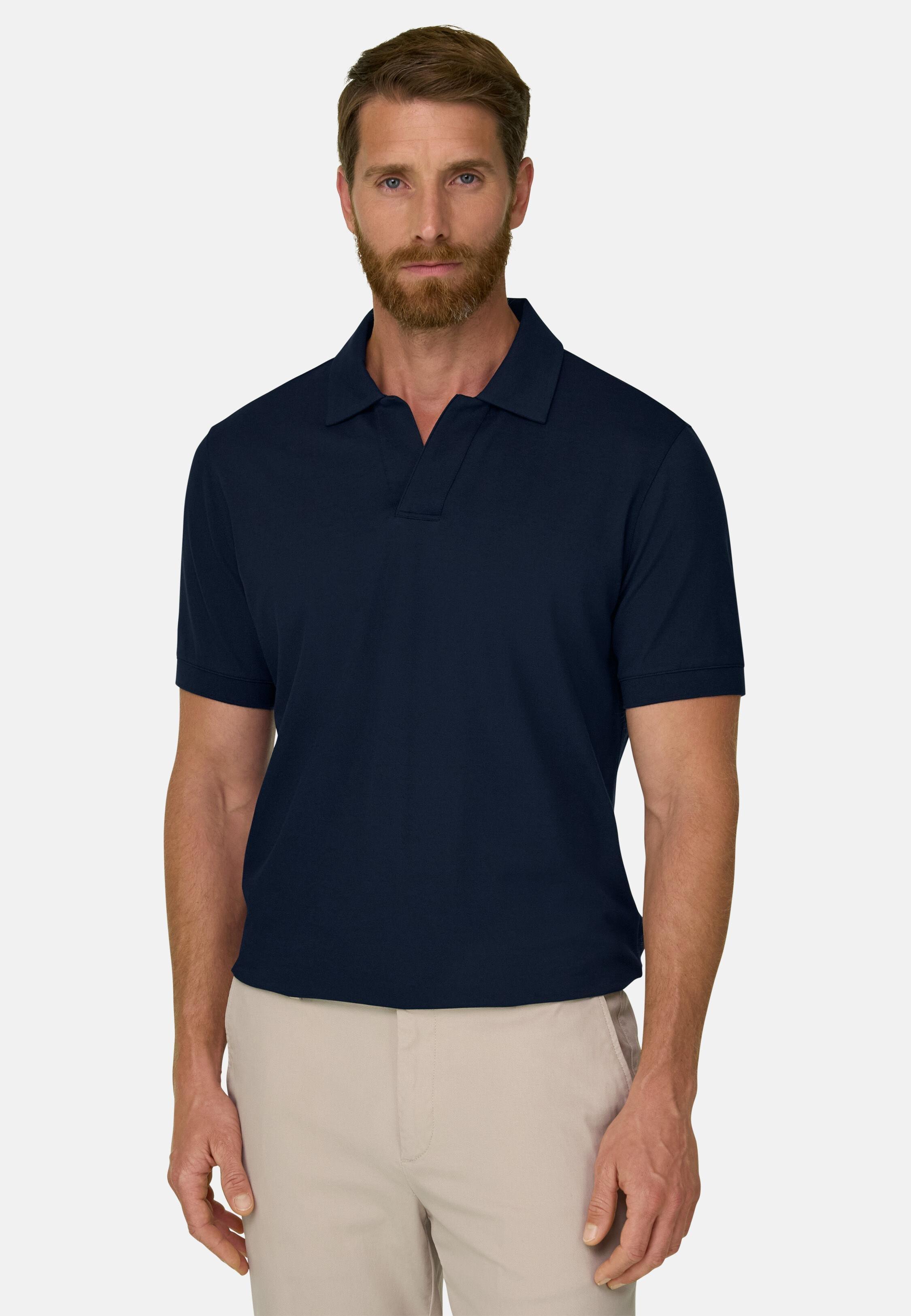 Polo in Stretch Cotton Blend Piqu&eacute; Cool Jade-Fresh, Navy Blue, Navy blue, large image number 1