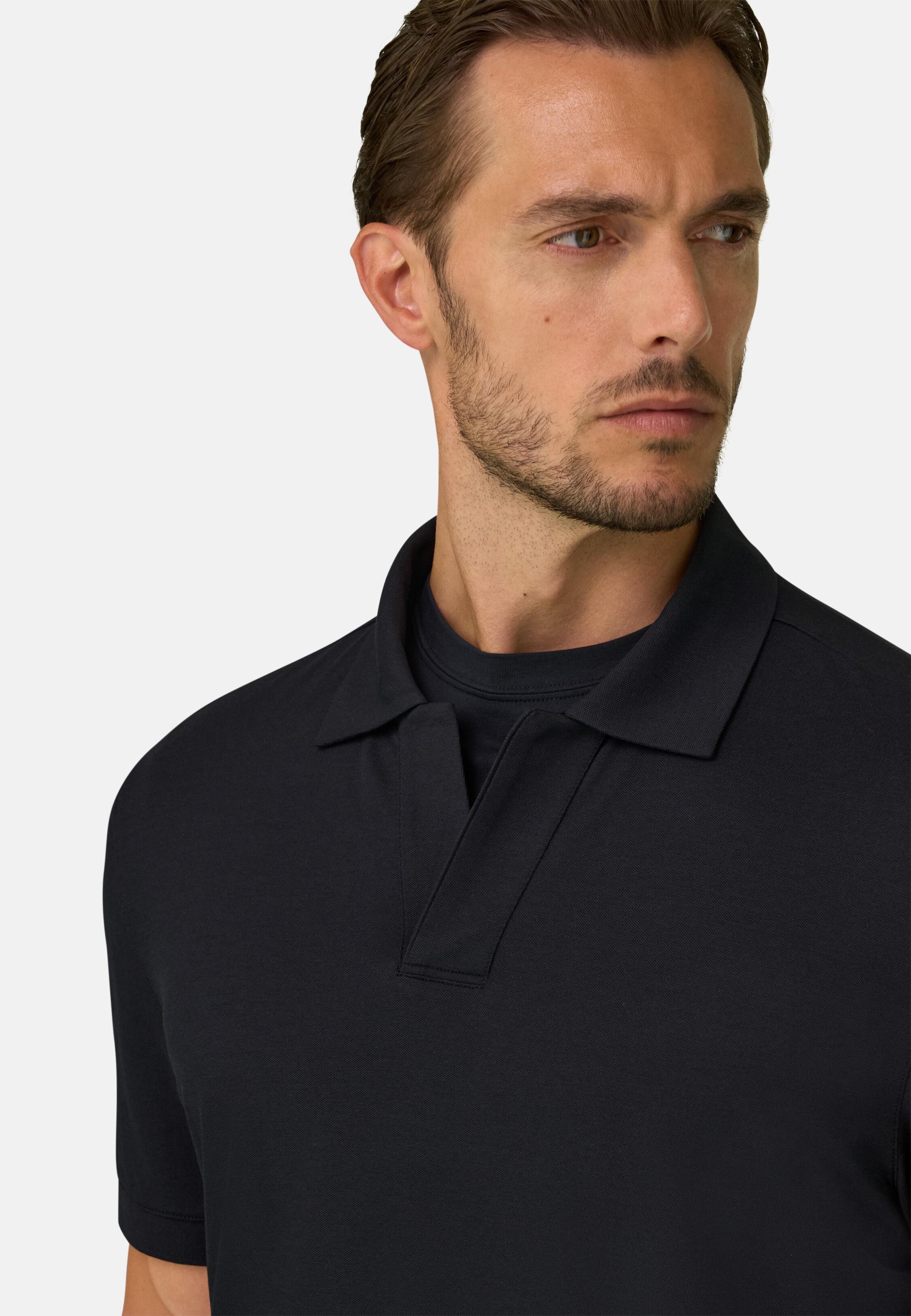 Polo in Stretch Cotton Blend Piqu&eacute; Cool Jade-Fresh Black, Black, medium