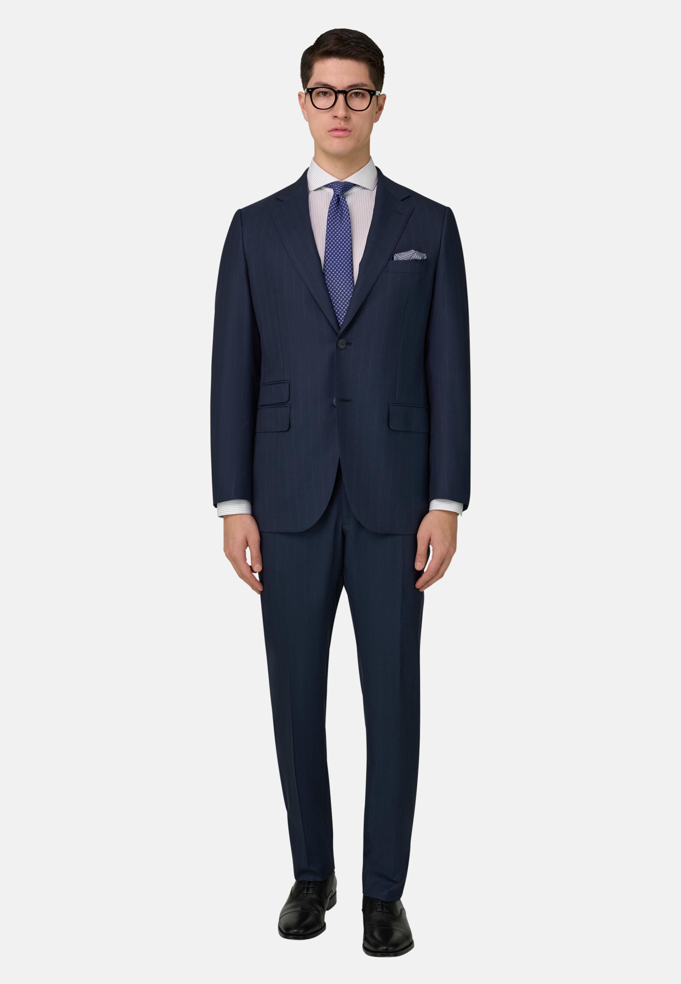 Pinstripe Suit in Wool and Silk Navy blue, Navy blue, medium