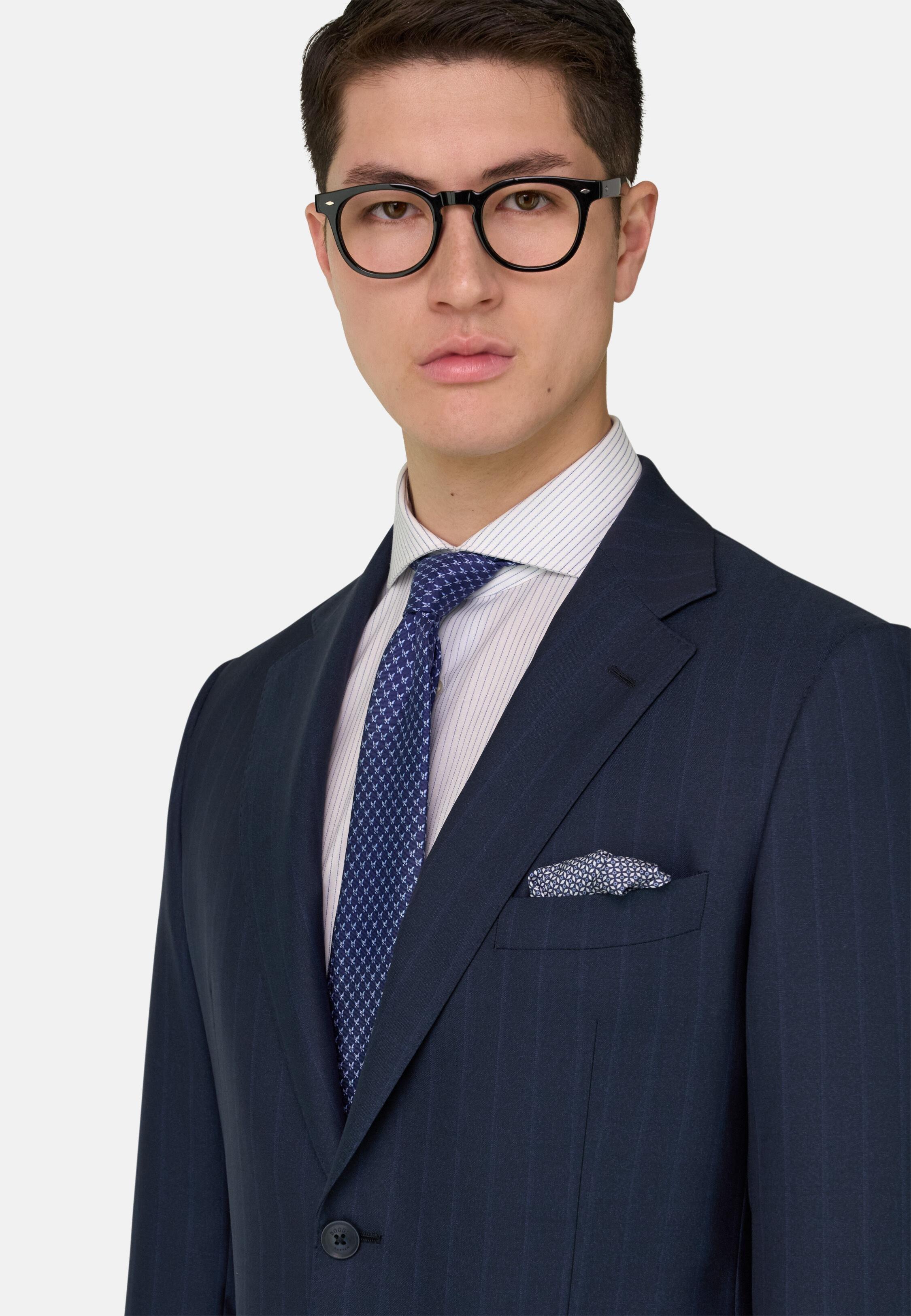 Pinstripe Suit in Wool and Silk Navy blue, Navy blue, medium