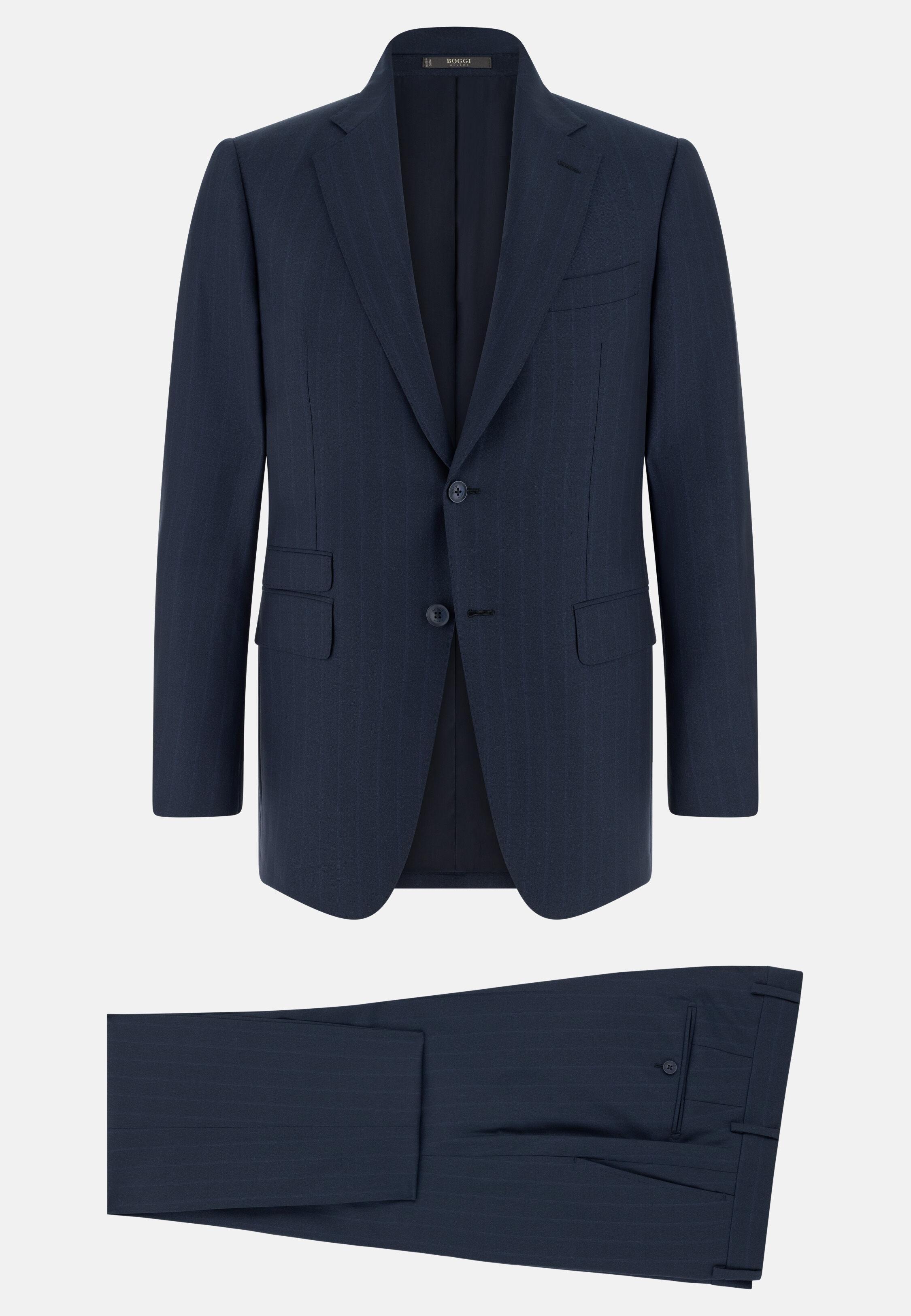 Pinstripe Suit in Wool and Silk, Navy Blue, Navy blue, large image number 5