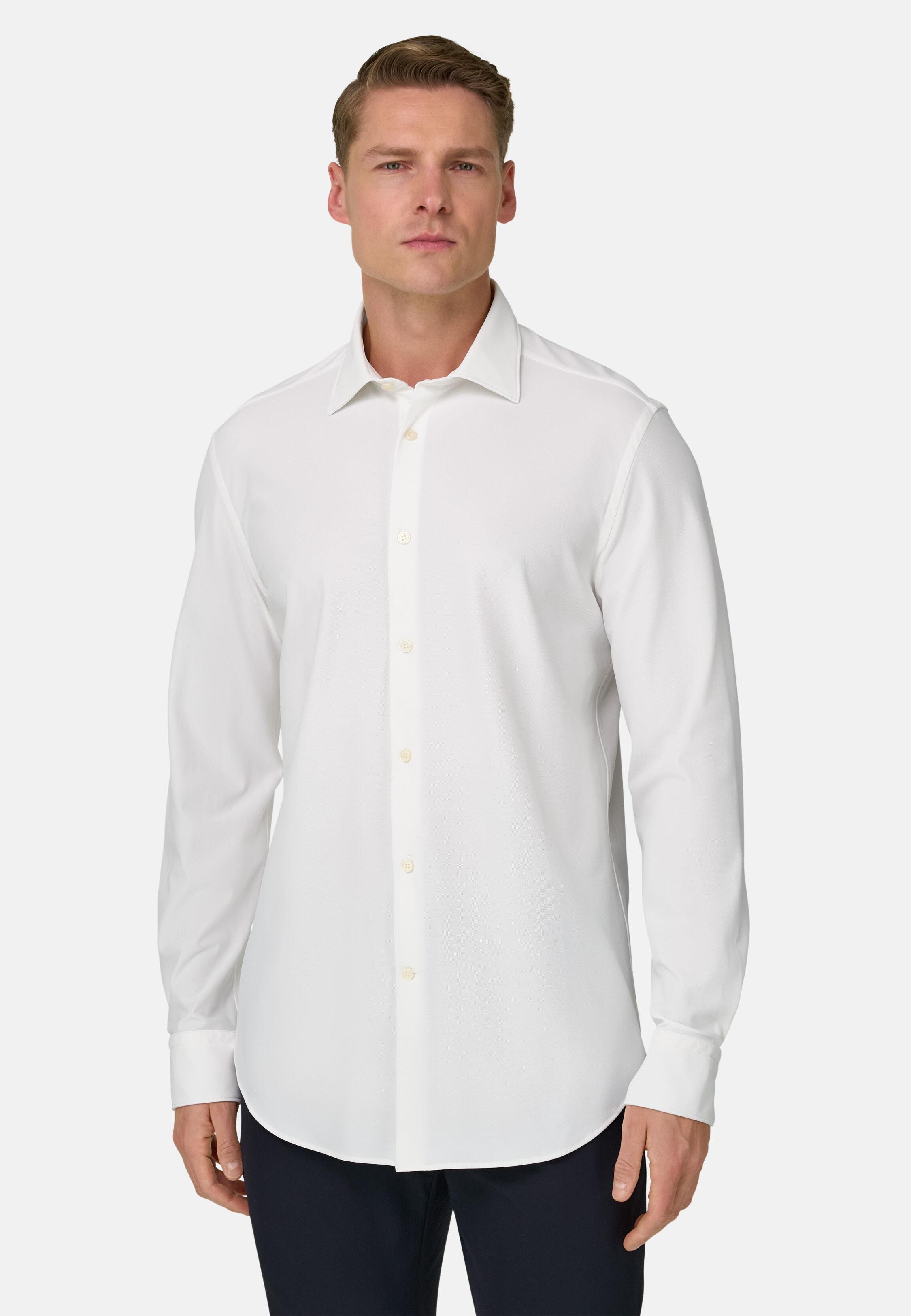 قميص نايلون مطاطي بقصة سليم أبيض, White, medium