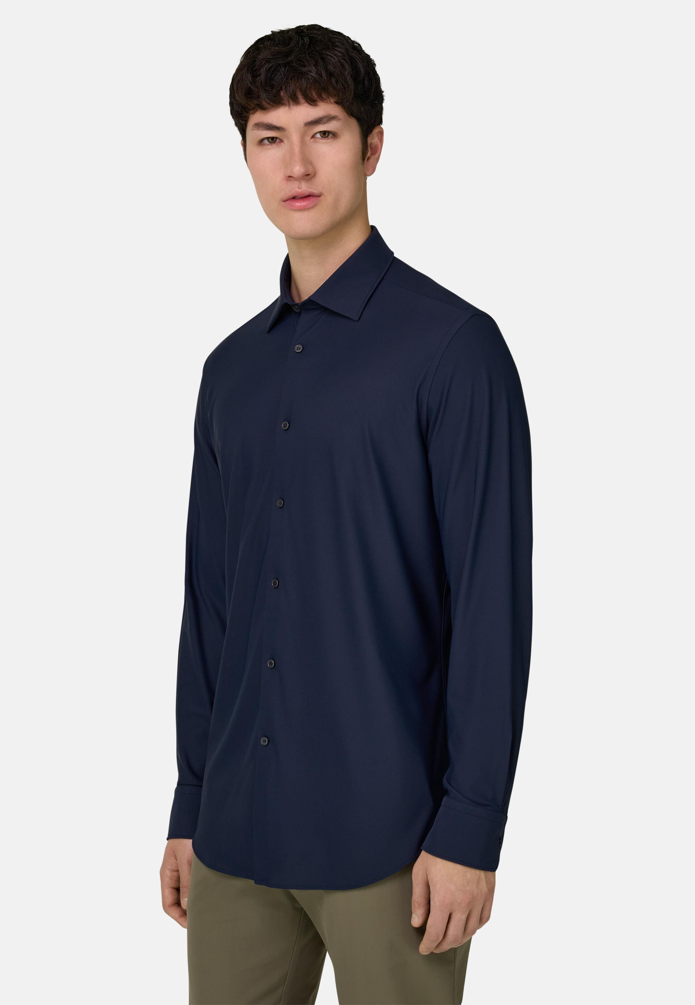 قميص نايلون مطاطي بقصة سليم أزرق, 3901_NAVY, large image number 0